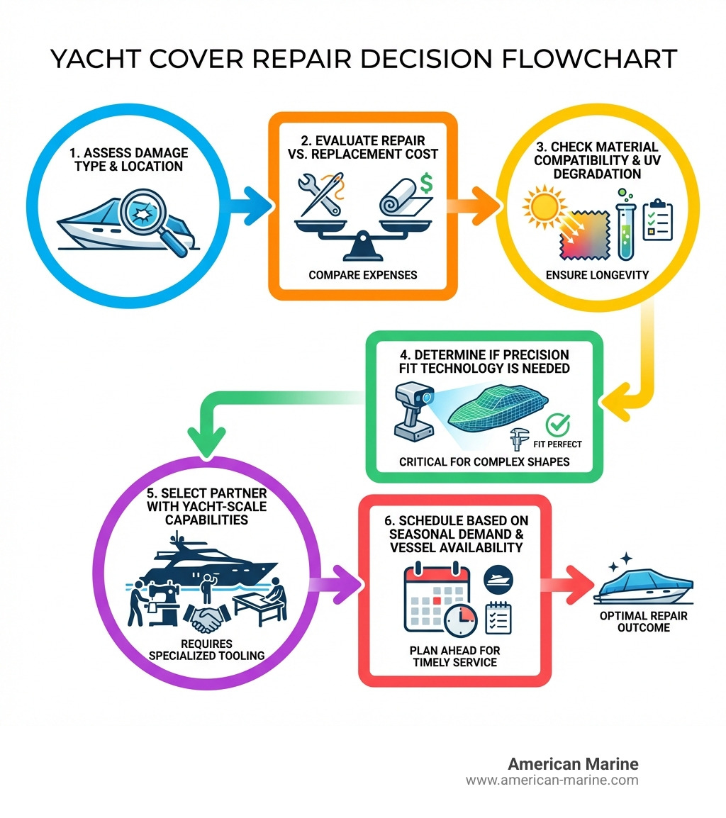 Infographic showing decision flowchart: Assess damage type and location → Evaluate repair vs. replacement cost → Check material compatibility and UV degradation level → Determine if precision fit technology is needed → Select fabrication partner with yacht-scale capabilities → Schedule based on seasonal demand and vessel availability - boat covers repair near me infographic 