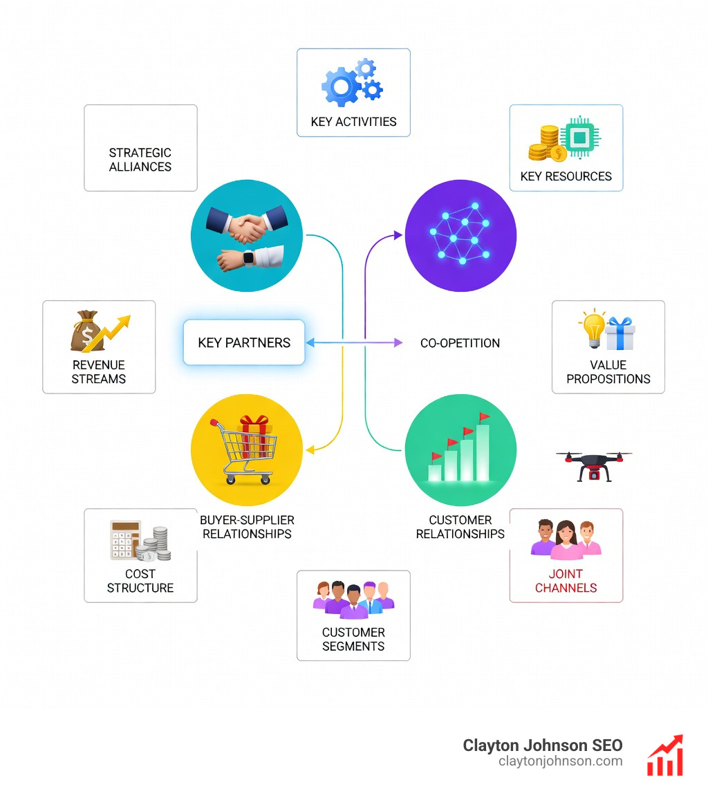 Infographic showing the 9 components of the Business Model Canvas with Key Partners highlighted, including its connections to Key Activities, Key Resources, Value Propositions, Cost Structure, and Revenue Streams, along with the four main partnership types: strategic alliances, co-opetition, joint ventures, and buyer-supplier relationships - BMC partnership strategy canvas infographic Infographic showing the 9 components of the Business Model Canvas with Key Partners highlighted, including its connections to Key Activities, Key Resources, Value Propositions, Cost Structure, and Revenue Streams, along with the four main partnership types: strategic alliances, co-opetition, joint ventures, and buyer-supplier relationships - BMC partnership strategy canvas infographic