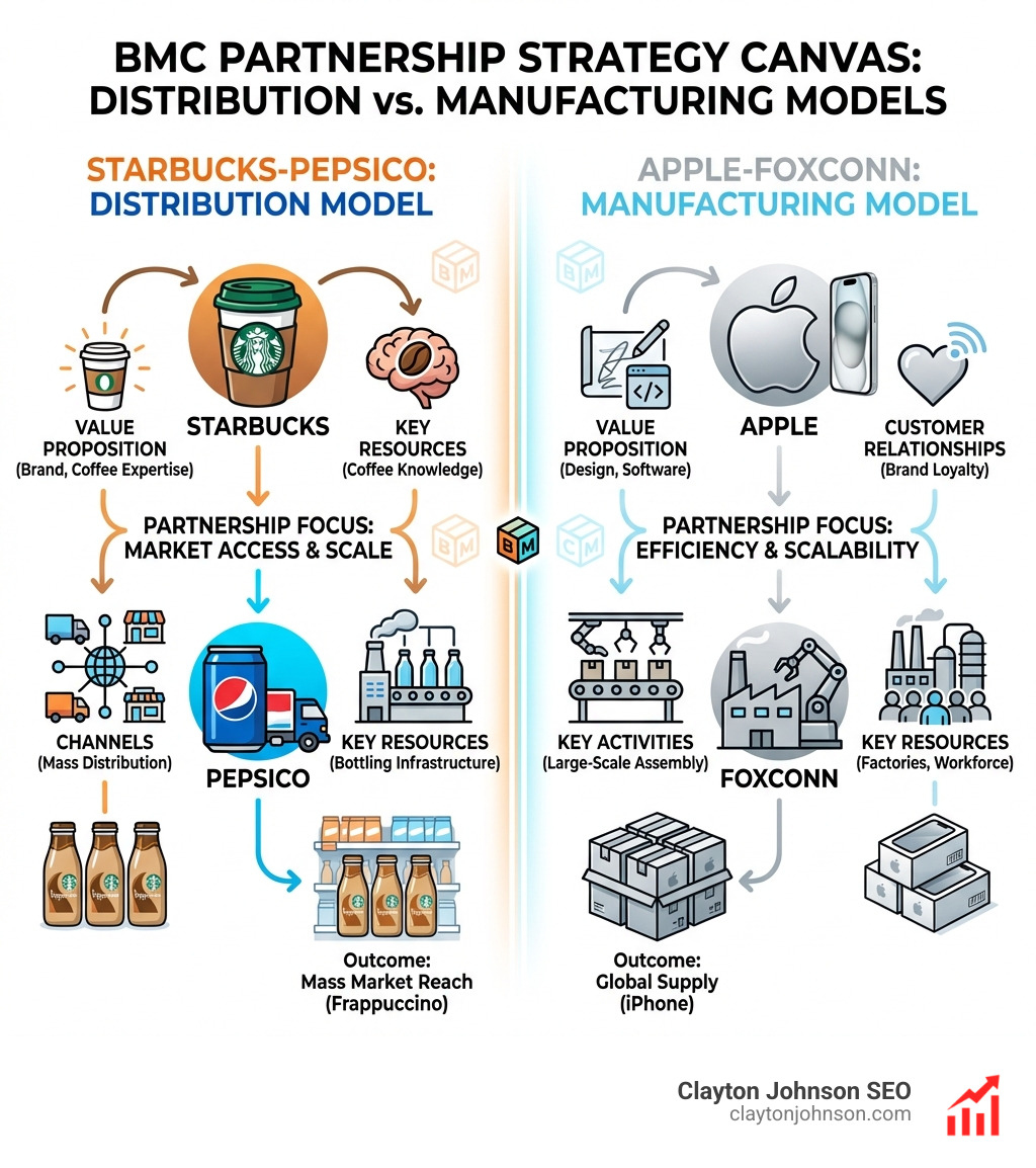 Infographic comparing the Starbucks-PepsiCo distribution model with the Apple-Foxconn manufacturing model, highlighting how each uses partners to fill specific BMC blocks - BMC partnership strategy canvas infographic Infographic comparing the Starbucks-PepsiCo distribution model with the Apple-Foxconn manufacturing model, highlighting how each uses partners to fill specific BMC blocks - BMC partnership strategy canvas infographic