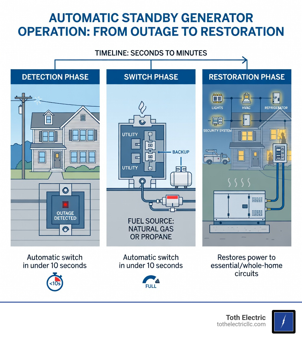 Infographic showing how standby generators automatically detect power loss through transfer switches, switch to backup power within seconds using natural gas or propane fuel, and restore electricity to essential or whole-home circuits until utility power returns - New Jersey Generator Sales infographic 