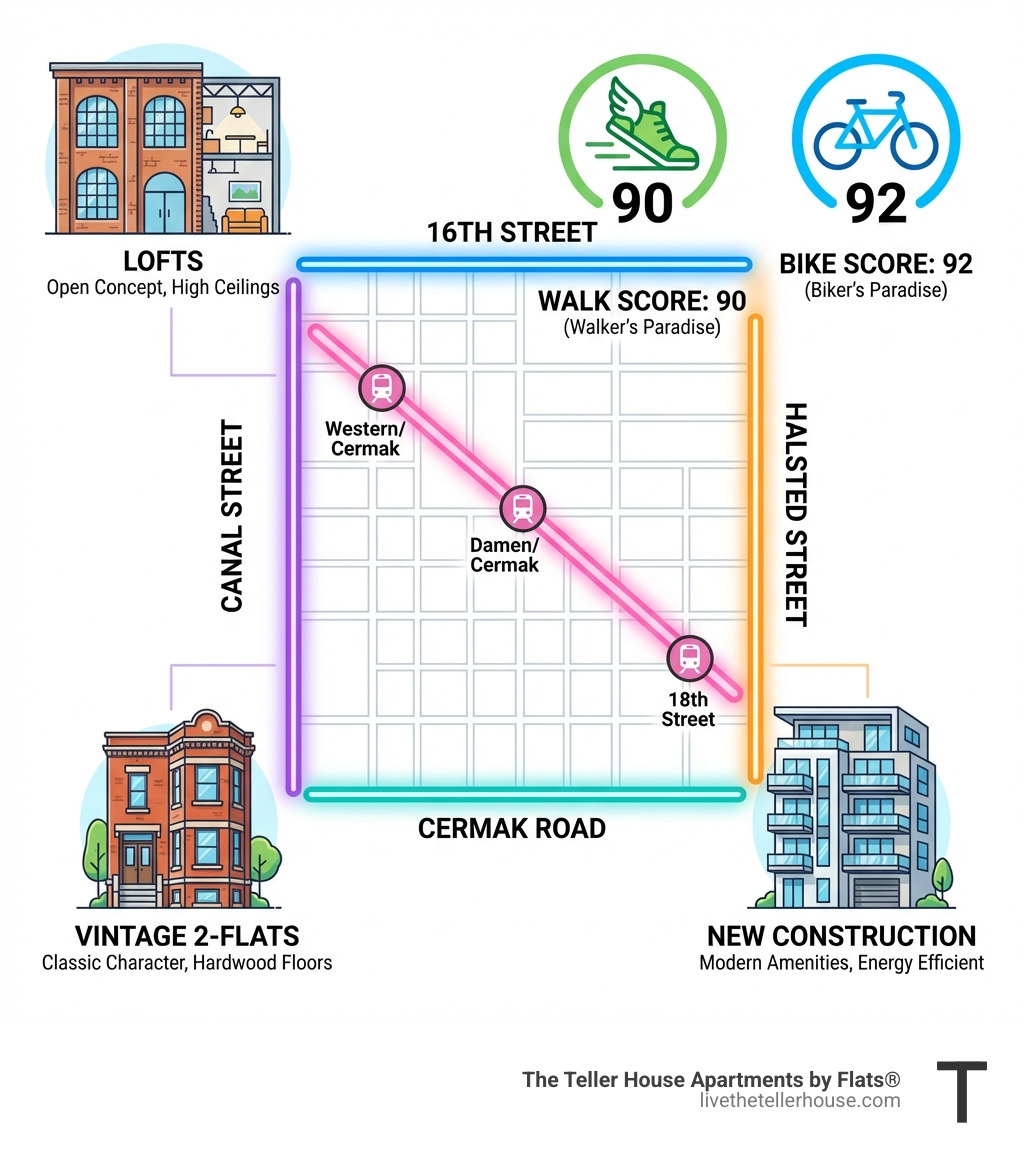 Infographic showing Pilsen neighborhood map with boundaries at Halsted, Canal, 16th Street and Cermak Road, highlighting CTA Pink Line stations, Walk Score of 90, Bike Score of 92, and apartment types including lofts, vintage 2-flats, and new construction - apartments for rent pilsen infographic 