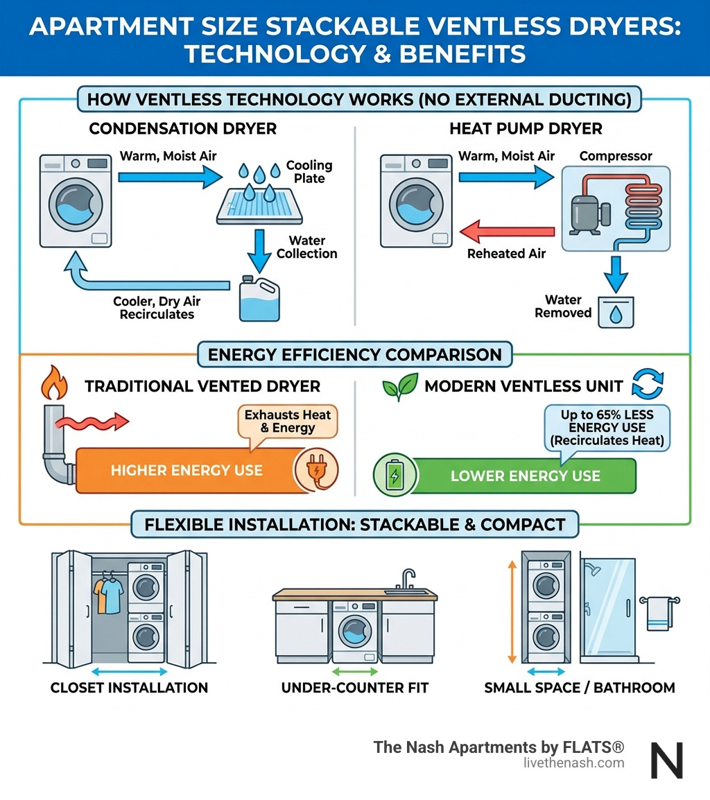 Infographic showing how ventless dryer technology works with condensation or heat pump systems removing moisture from clothes without external ducting, comparing energy usage between traditional vented dryers and modern ventless units, and illustrating installation flexibility in closets, under counters, and in small spaces - apartment size stackable washer and dryer ventless infographic 