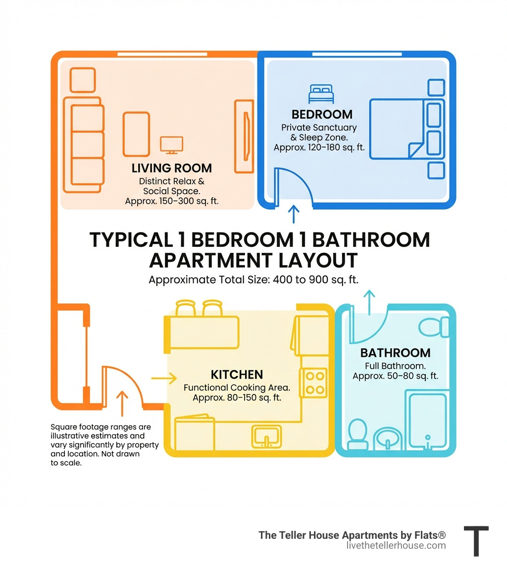 infographic showing labeled floor plan of a typical 1 bedroom 1 bathroom apartment with separate bedroom, bathroom, living room, and kitchen areas with square footage ranges - 1 br 1 ba infographic 