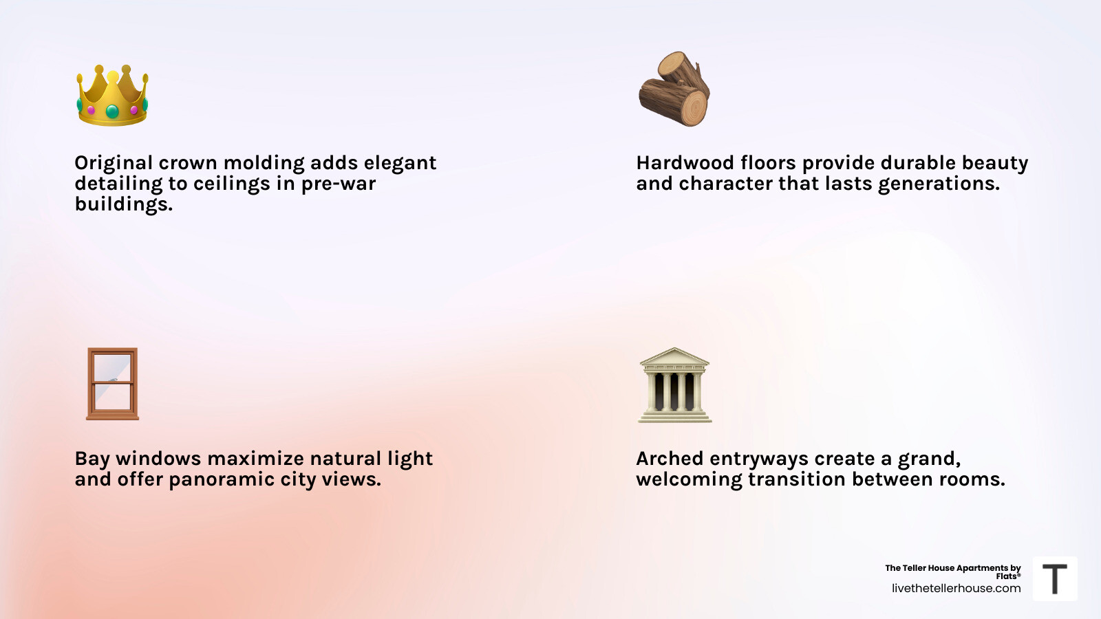 infographic showing vintage apartment features including crown molding, hardwood floors, bay windows, arched entryways, built-in hutches, decorative fireplaces, high ceilings, and common neighborhood locations in Chicago - vintage chicago apartments infographic 4_facts_emoji_light-gradient infographic showing vintage apartment features including crown molding, hardwood floors, bay windows, arched entryways, built-in hutches, decorative fireplaces, high ceilings, and common neighborhood locations in Chicago - vintage chicago apartments infographic 4_facts_emoji_light-gradient