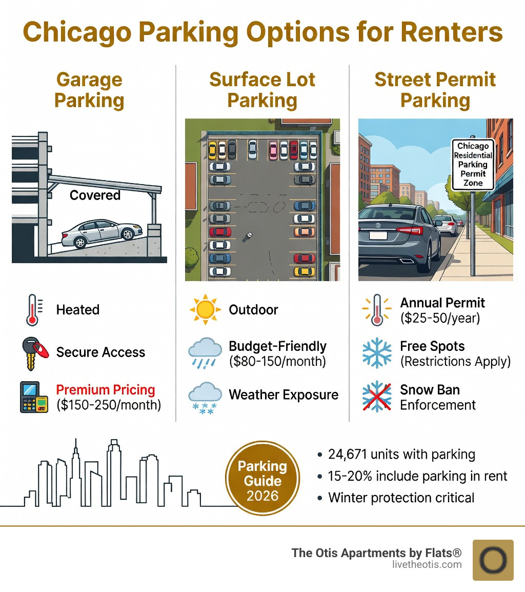 Infographic showing Chicago apartment parking comparison: Garage parking (covered, heated, secure access), Surface Lot parking (outdoor, weather exposure), and Street Permit parking (annual city permit, street spots, snow restrictions) - chicago apartments with parking infographic 
