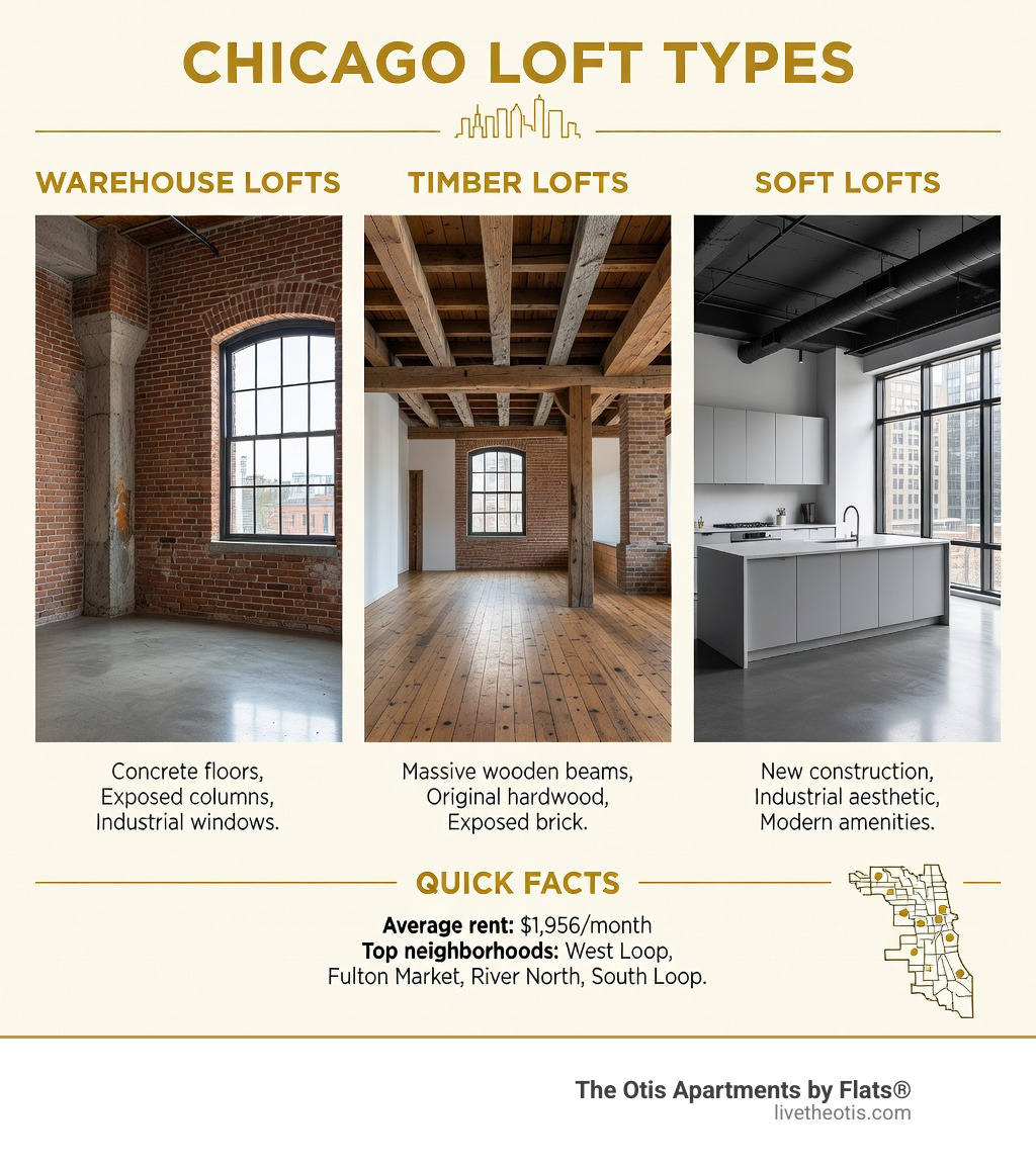 Infographic showing the three main types of Chicago lofts: Warehouse lofts with concrete floors and exposed columns, timber lofts featuring massive wooden beams and original hardwood, and soft lofts in new construction buildings that mimic industrial aesthetics with modern amenities - loft apartment rentals chicago infographic 