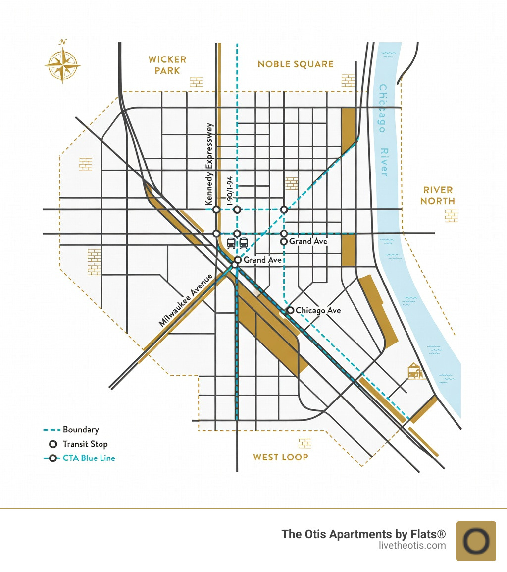 River West Chicago neighborhood map showing boundaries between Wicker Park, West Loop, River North, and Noble Square, with CTA Blue Line stops at Grand Avenue and Chicago Avenue marked, plus major streets Milwaukee Avenue and Kennedy Expressway highlighted - apartments river west chicago infographic 