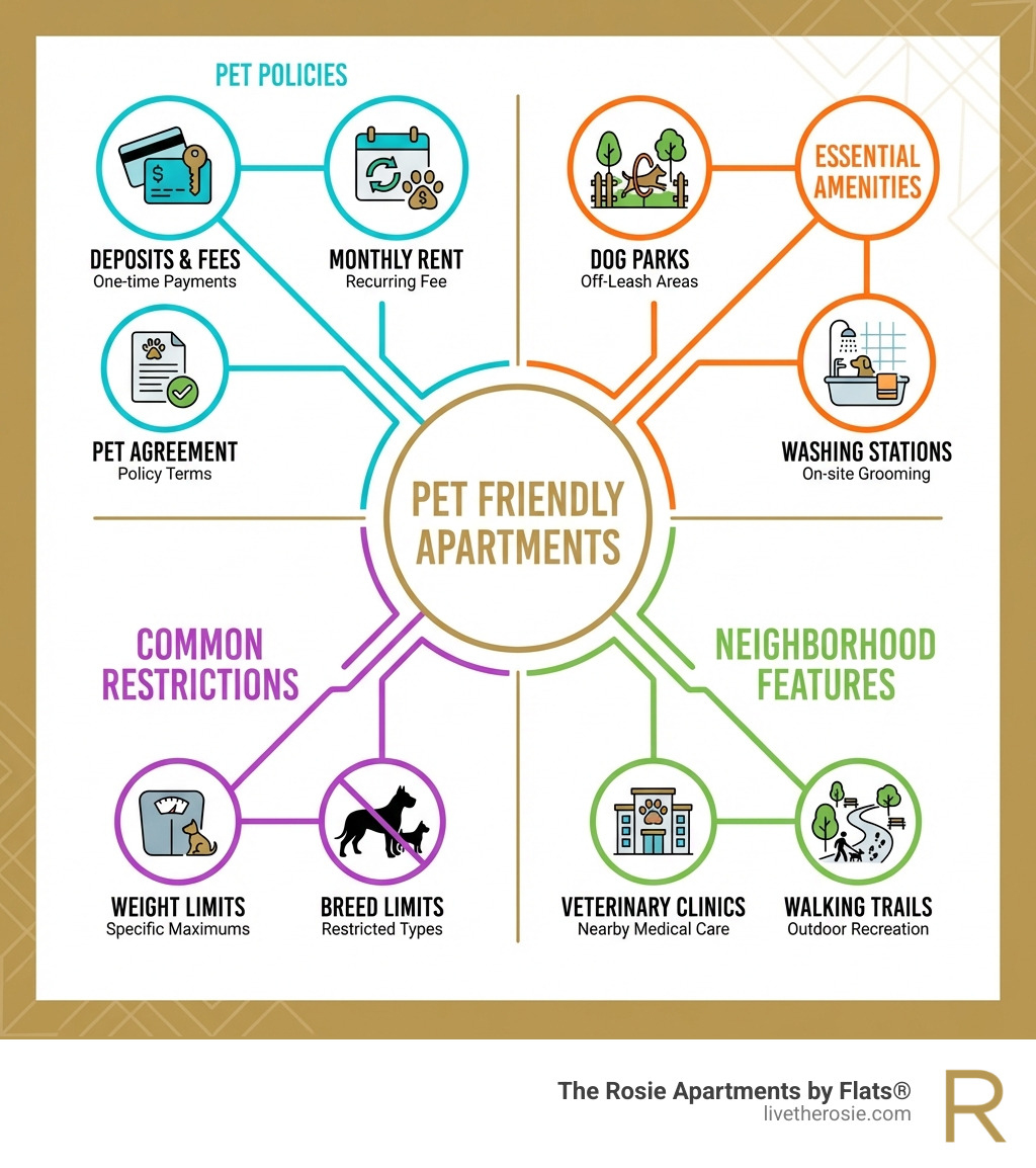 Infographic showing the key components of pet friendly apartments: pet policies including deposits and monthly rent, essential amenities like dog parks and washing stations, common restrictions such as weight and breed limits, and neighborhood features including veterinary clinics and walking trails - Pet friendly apartments infographic Infographic showing the key components of pet friendly apartments: pet policies including deposits and monthly rent, essential amenities like dog parks and washing stations, common restrictions such as weight and breed limits, and neighborhood features including veterinary clinics and walking trails - Pet friendly apartments infographic