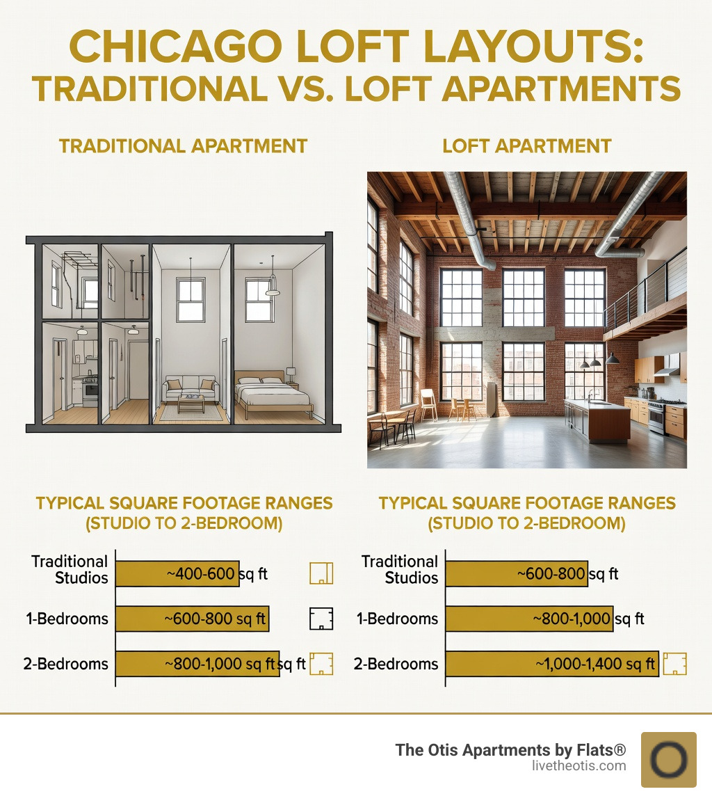 Infographic comparing traditional apartment layouts with loft apartment layouts, showing differences in ceiling heights, open floor plans, exposed architectural elements like brick and ductwork, window sizes, and typical square footage ranges for studios through 2-bedroom units - lofts rental chicago infographic 