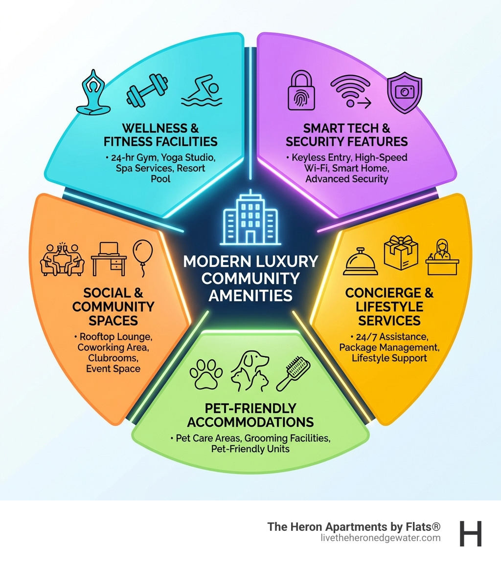 Infographic showing the key categories of modern luxury community amenities: wellness and fitness facilities, smart technology and security features, social and community spaces, concierge and lifestyle services, and pet-friendly accommodations - luxury community amenities infographic Infographic showing the key categories of modern luxury community amenities: wellness and fitness facilities, smart technology and security features, social and community spaces, concierge and lifestyle services, and pet-friendly accommodations - luxury community amenities infographic