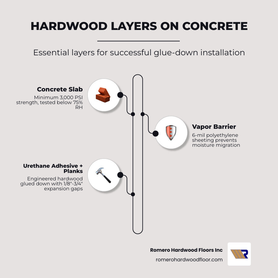 Infographic showing layers of hardwood floor installation on concrete: concrete slab at bottom, 6-mil polyethylene vapor barrier, urethane adhesive layer, engineered hardwood planks on top, with expansion gaps marked at walls and moisture testing points indicated on the concrete surface - hardwood floor installation concrete infographic infographic-line-3-steps-elegant_beige