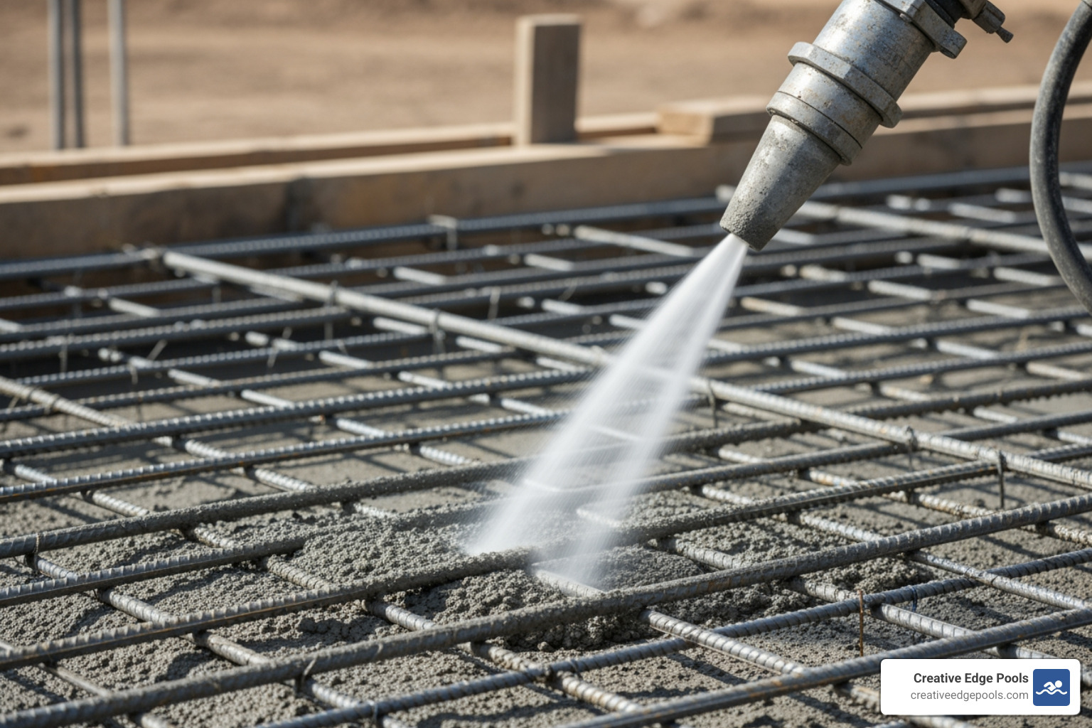 close up of gunite nozzle spraying concrete onto a rebar frame - how much does gunite cost per yard