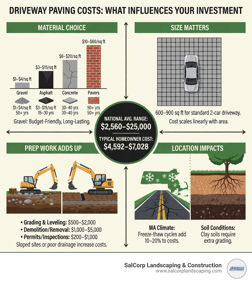infographic showing cost breakdown by material type, square footage impact, site preparation expenses, and regional factors affecting the average cost of a paved driveway - average cost of a paved driveway infographic infographic showing cost breakdown by material type, square footage impact, site preparation expenses, and regional factors affecting the average cost of a paved driveway - average cost of a paved driveway infographic