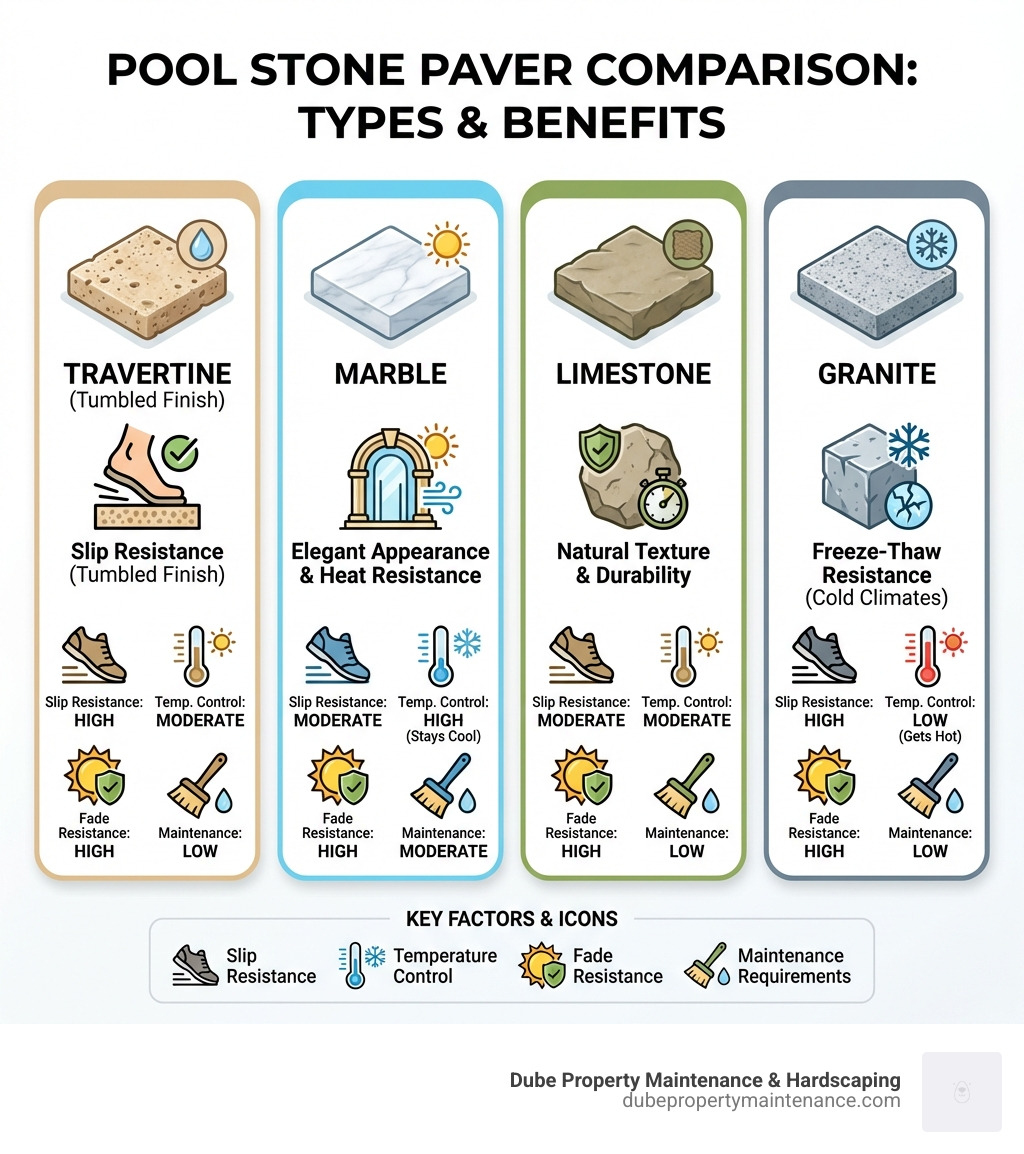 infographic comparing pool stone paver types with benefits including travertine with tumbled finish for slip resistance, marble for elegant appearance and heat resistance, limestone for natural texture and durability, granite for freeze-thaw resistance in cold climates, and key factors of slip resistance, temperature control, fade resistance, and maintenance requirements - pool stone pavers infographic 
