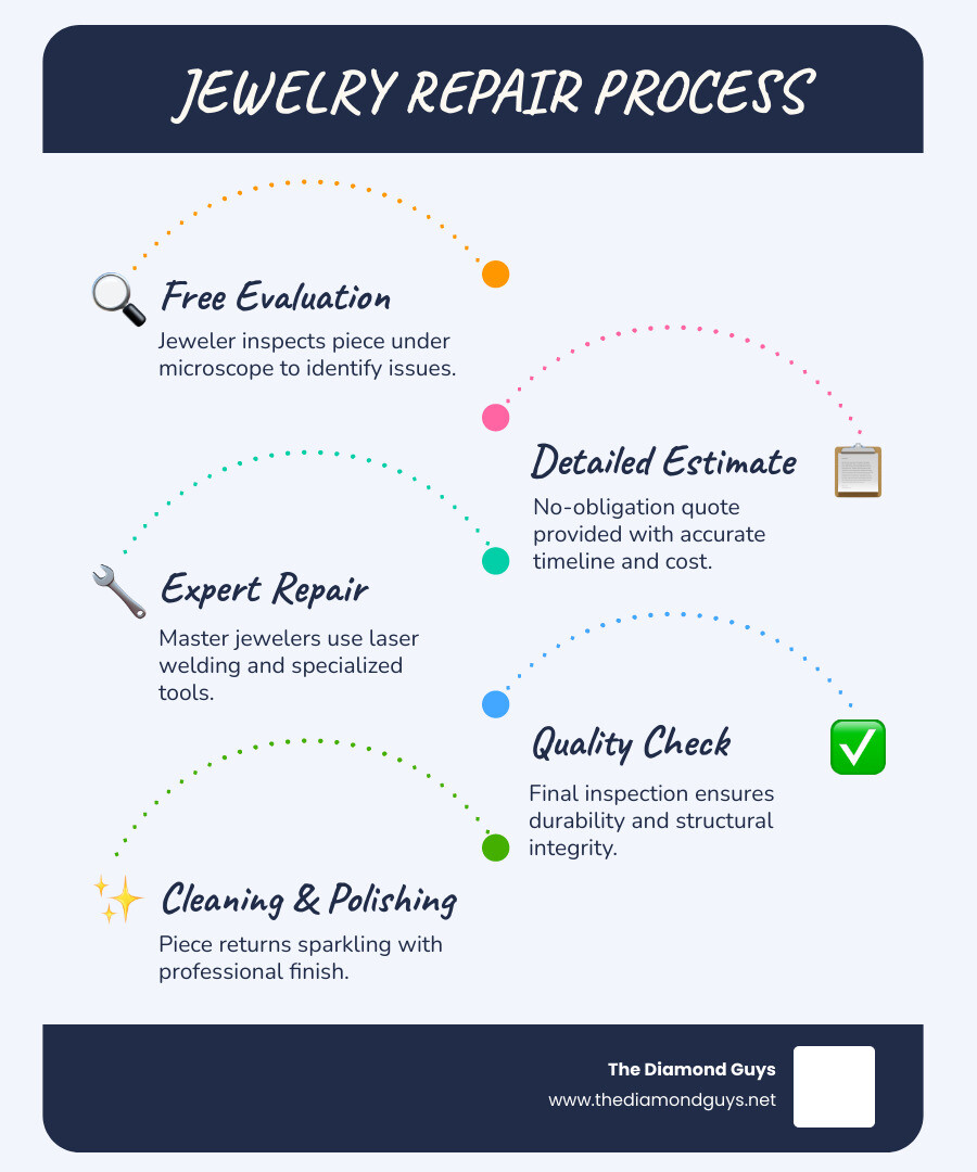 infographic showing the complete jewelry repair process from initial inspection through microscope evaluation, detailed estimate with timeline, expert repair by master jewelers using specialized equipment, quality assurance inspection, and final cleaning and polishing, with icons for each step and typical timeframes ranging from same-day service to 8 weeks for complex restorations - jewelry repair scottsdale az infographic infographic-line-5-steps-blues-accent_colors infographic showing the complete jewelry repair process from initial inspection through microscope evaluation, detailed estimate with timeline, expert repair by master jewelers using specialized equipment, quality assurance inspection, and final cleaning and polishing, with icons for each step and typical timeframes ranging from same-day service to 8 weeks for complex restorations - jewelry repair scottsdale az infographic infographic-line-5-steps-blues-accent_colors