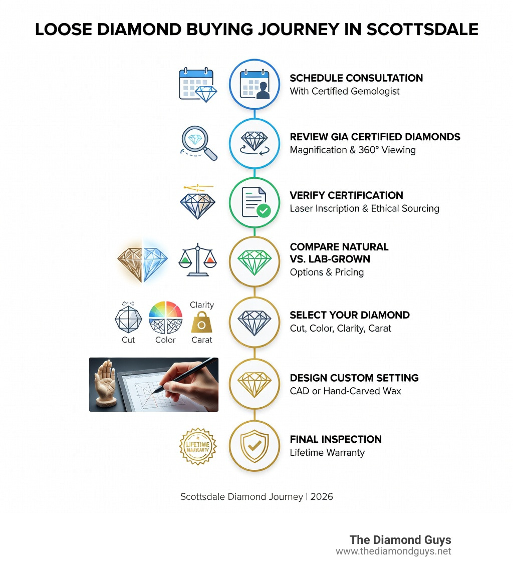 Infographic showing the loose diamond buying journey in Scottsdale: Step 1 - Schedule consultation with certified gemologist; Step 2 - Review GIA certified loose diamonds with magnification and 360-degree viewing; Step 3 - Verify certification, laser inscription, and ethical sourcing documentation; Step 4 - Compare natural mined vs lab-grown options and pricing; Step 5 - Select your diamond based on 4Cs (cut, color, clarity, carat); Step 6 - Design custom setting with CAD or hand-carved wax; Step 7 - Final inspection and lifetime warranty - loose diamonds Scottsdale AZ infographic 
