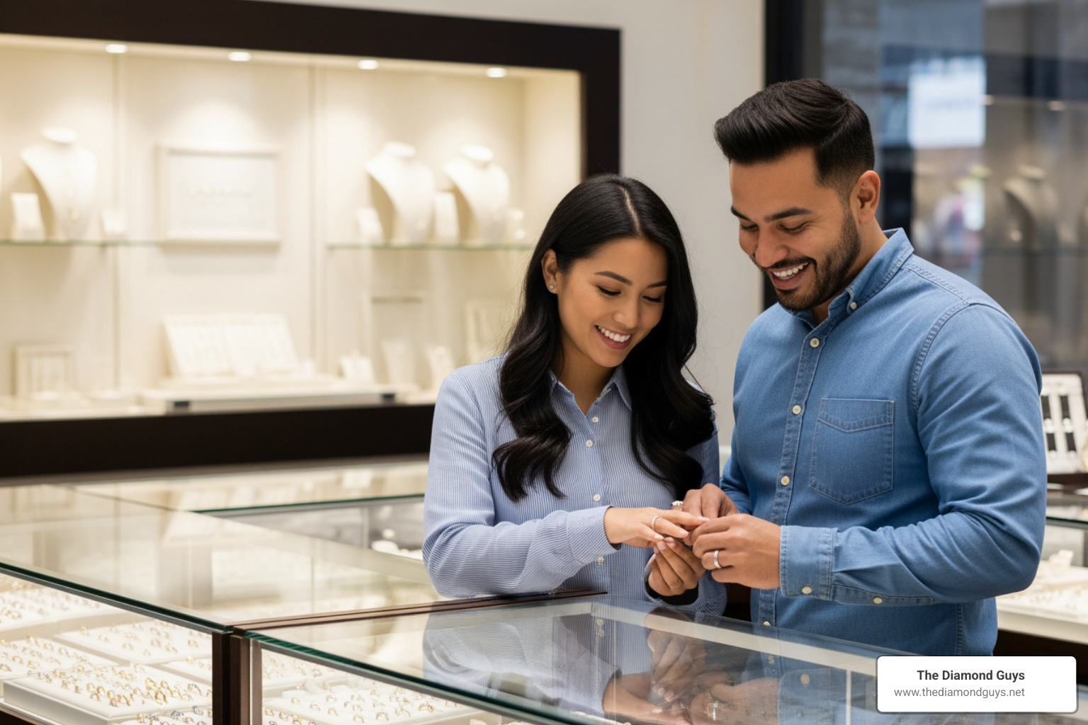 couple browsing rings in the DTLA Jewelry District - la wedding bands