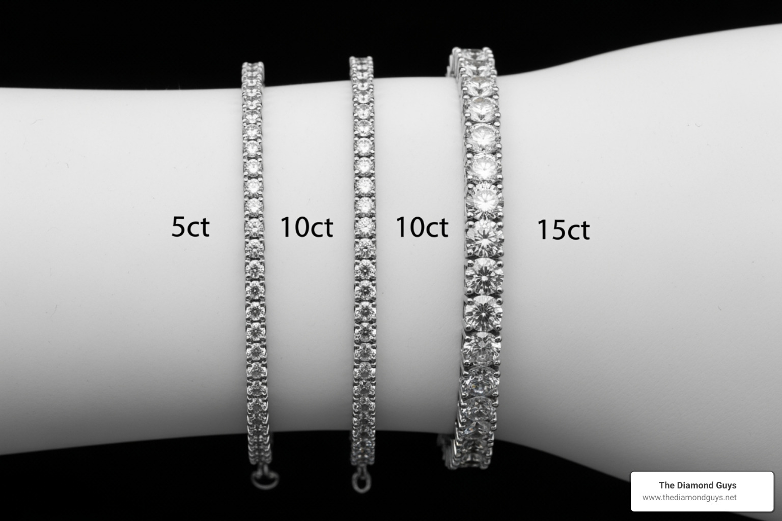 Comparison of 5ct, 10ct, and 15ct tennis bracelets showing the increase in stone diameter and overall width - 15 ct tennis bracelet