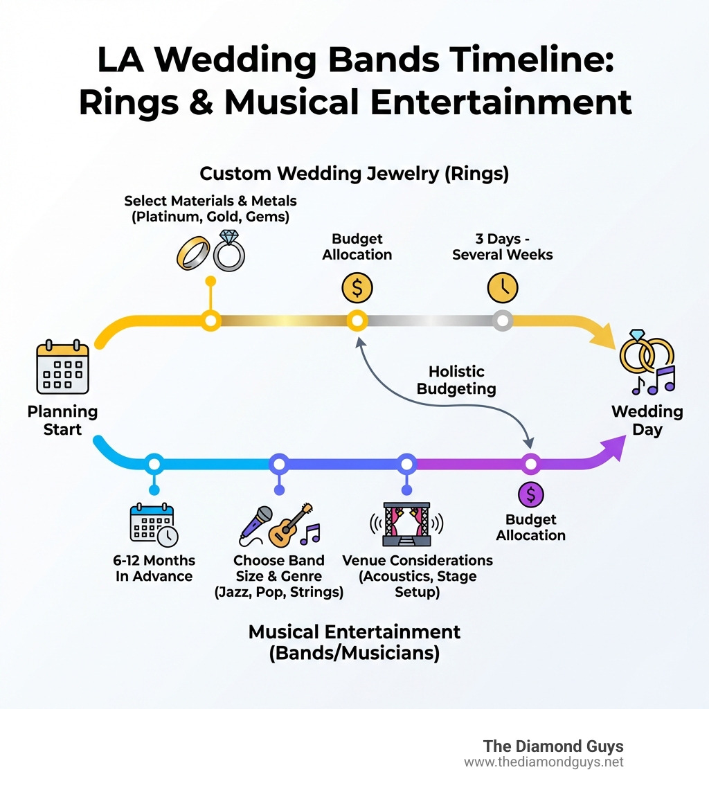 Infographic showing the timeline for ordering custom wedding jewelry in LA (typically 3 days to several weeks) alongside booking musical entertainment (ideally 6-12 months in advance), with key decision points including selecting materials and metals for rings, choosing band size and genre for musicians, budget allocation between jewelry and entertainment, and venue considerations for acoustics and stage setup - la wedding bands infographic 