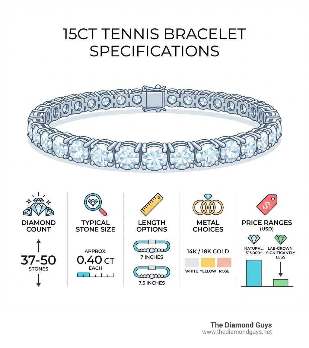 Infographic showing 15ct tennis bracelet specifications including diamond count, typical stone size, length options, metal choices, and price ranges for natural versus lab-grown options - 15 ct tennis bracelet infographic 