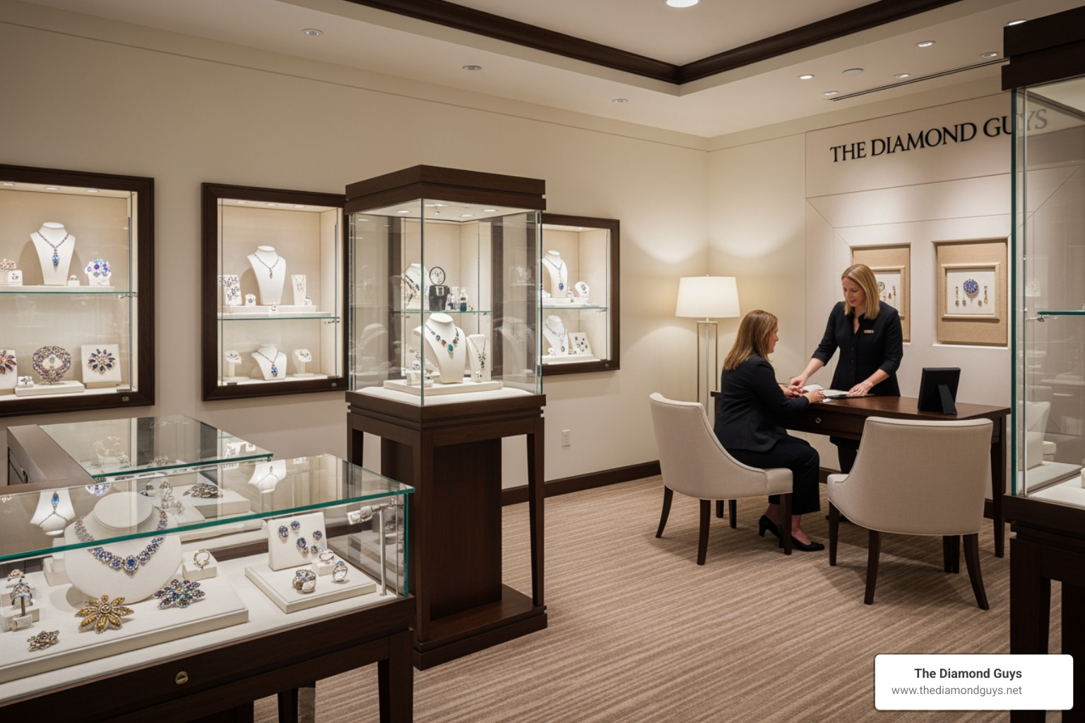 The Diamond Guys luxury jewelry showroom in Scottsdale featuring elegant displays of fine jewelry and a personalized consultation area - antique jewelry store in phoenix arizona