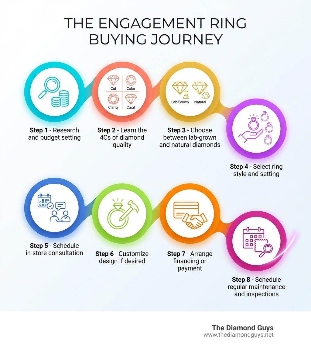 Infographic showing the engagement ring buying journey: Step 1 - Research and budget setting, Step 2 - Learn the 4Cs of diamond quality, Step 3 - Choose between lab-grown and natural diamonds, Step 4 - Select ring style and setting, Step 5 - Schedule in-store consultation, Step 6 - Customize design if desired, Step 7 - Arrange financing or payment, Step 8 - Schedule regular maintenance and inspections - Engagement rings Mesa AZ infographic Infographic showing the engagement ring buying journey: Step 1 - Research and budget setting, Step 2 - Learn the 4Cs of diamond quality, Step 3 - Choose between lab-grown and natural diamonds, Step 4 - Select ring style and setting, Step 5 - Schedule in-store consultation, Step 6 - Customize design if desired, Step 7 - Arrange financing or payment, Step 8 - Schedule regular maintenance and inspections - Engagement rings Mesa AZ infographic