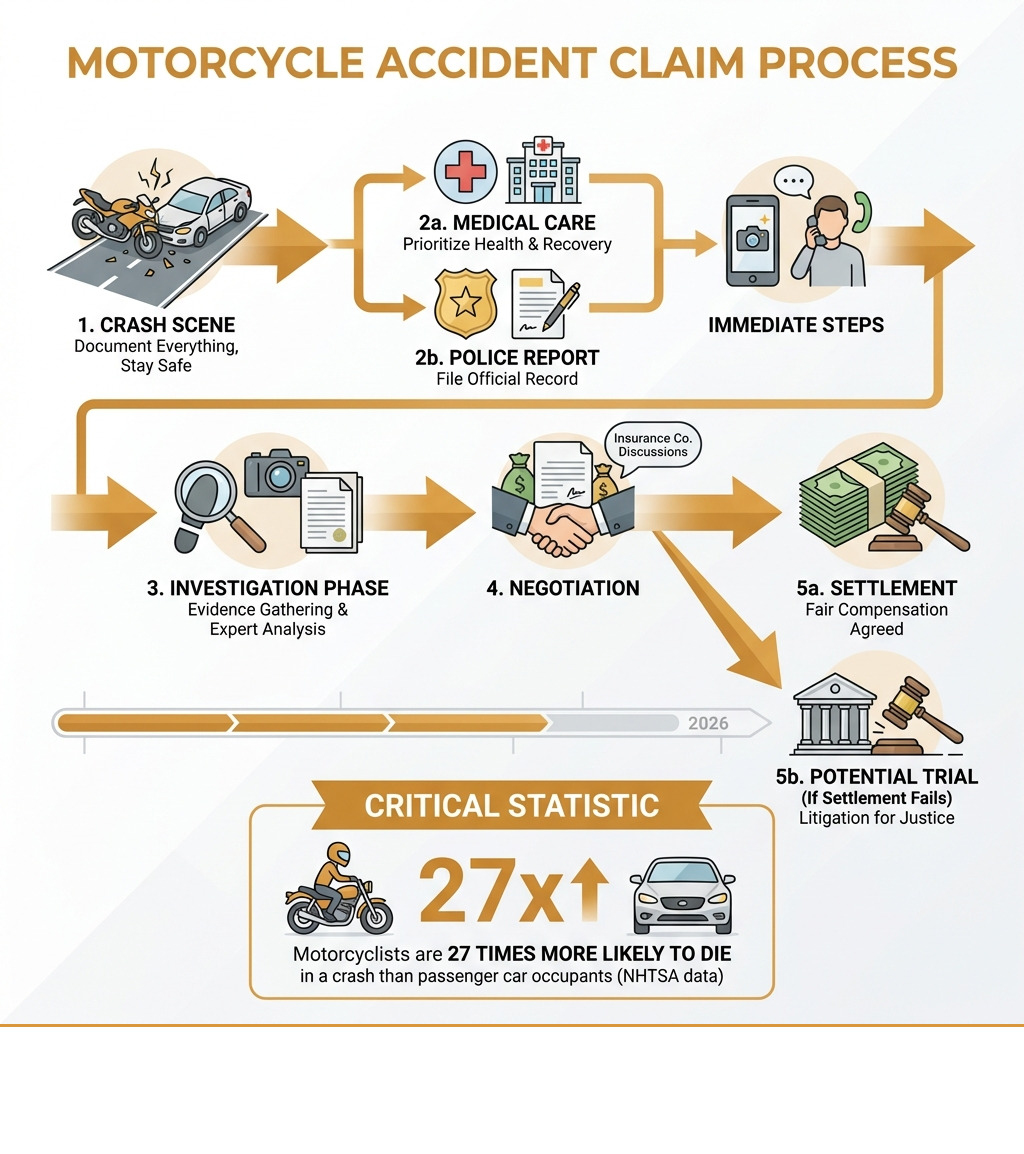 infographic showing motorcycle accident claim process from crash scene to settlement, including immediate steps like medical care and police reports, investigation phase with evidence gathering, negotiation with insurance companies, and potential trial if settlement fails, with statistics showing motorcyclists are 27 times more likely to die than car occupants - lawyers for motorcycle accidents infographic infographic showing motorcycle accident claim process from crash scene to settlement, including immediate steps like medical care and police reports, investigation phase with evidence gathering, negotiation with insurance companies, and potential trial if settlement fails, with statistics showing motorcyclists are 27 times more likely to die than car occupants - lawyers for motorcycle accidents infographic