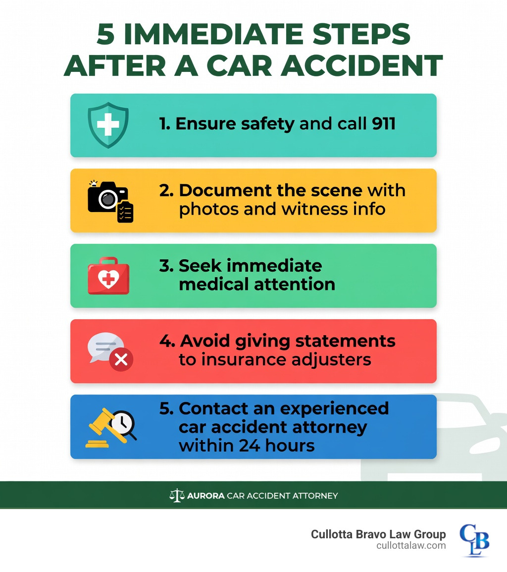infographic showing 5 immediate steps after a car accident: 1. Ensure safety and call 911, 2. Document the scene with photos and witness info, 3. Seek immediate medical attention, 4. Avoid giving statements to insurance adjusters, 5. Contact an experienced car accident attorney within 24 hours - car accident attorney in aurora infographic 