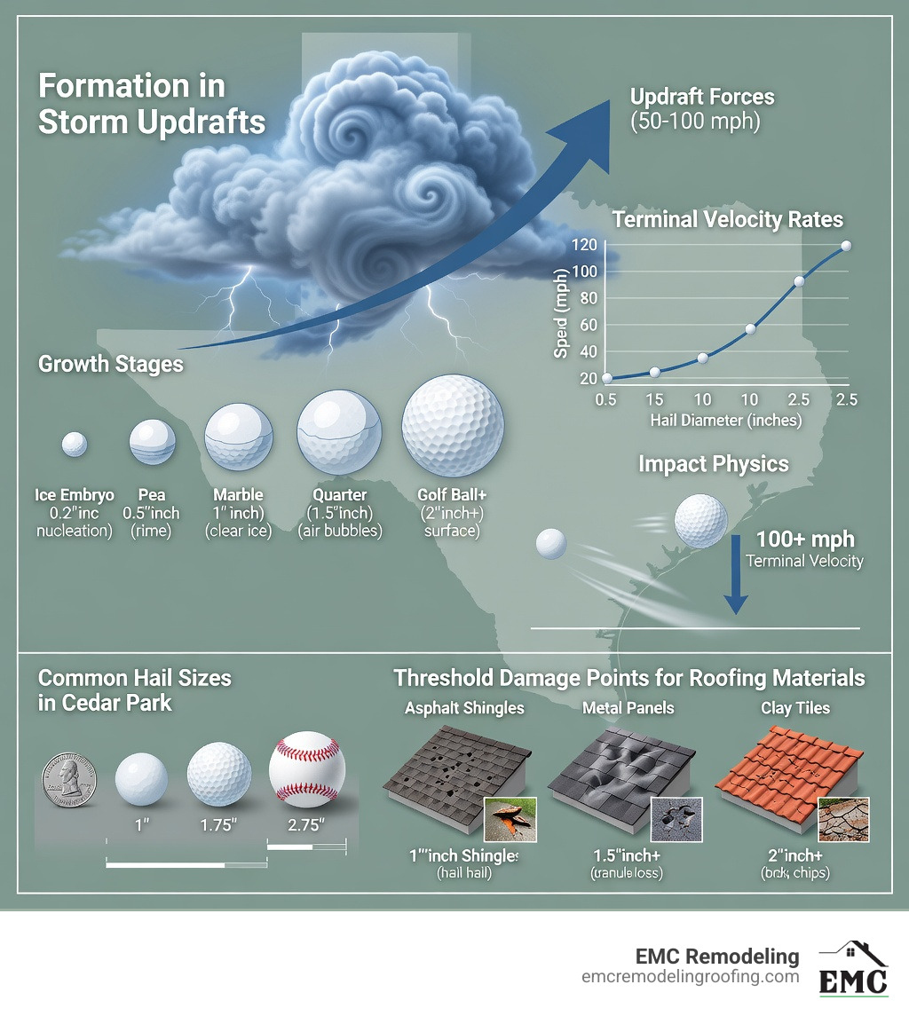Infographic showing the lifecycle of hailstones from formation to impact, including growth stages in storm updrafts, terminal velocity rates (20-100+ mph depending on size), common hail sizes in Cedar Park (quarter to golf ball), and the threshold damage points for different roofing materials - cedar park hail roof damage infographic 