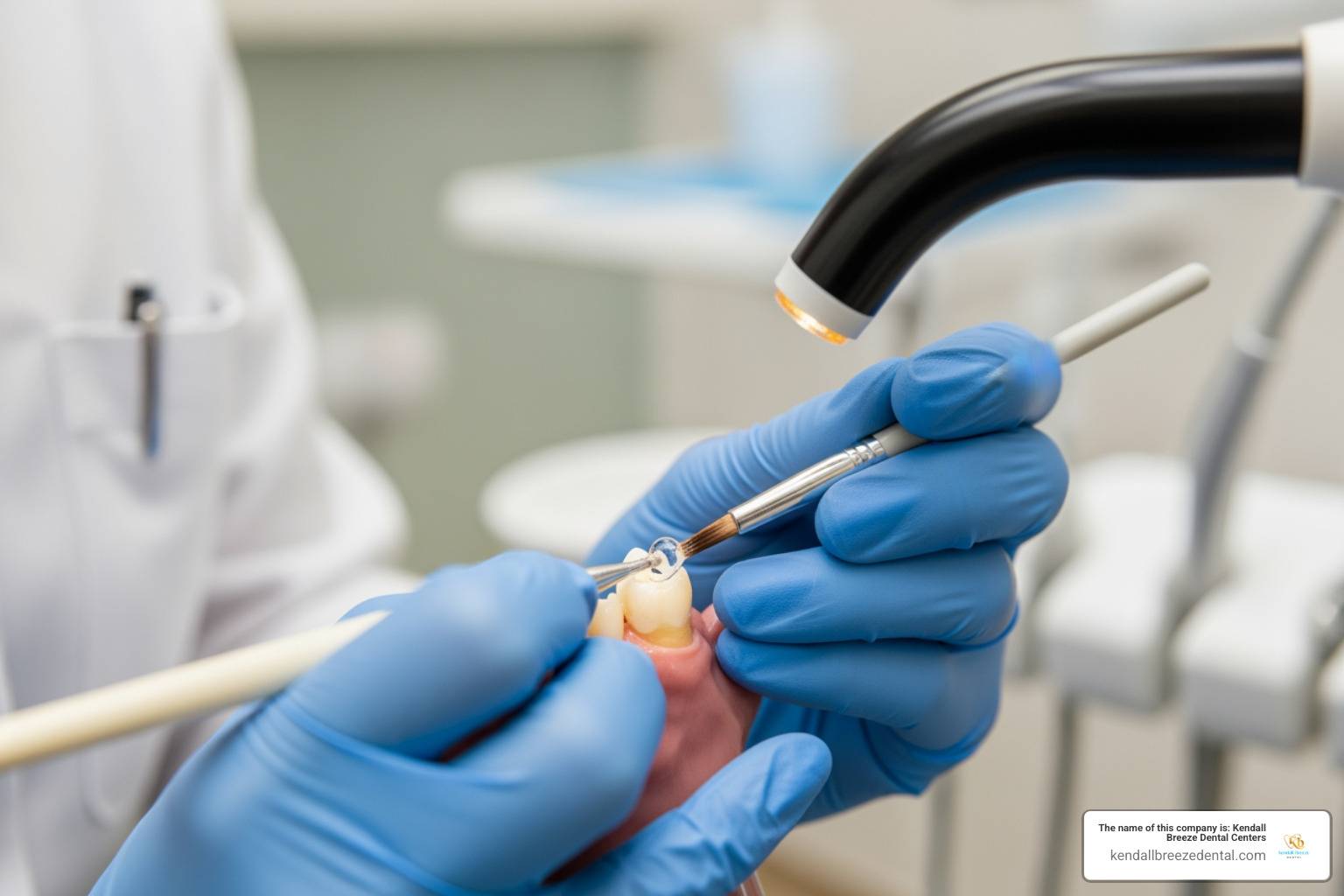 dentist applying sealant resin to a molar - Children's dental sealants Miami dentist applying sealant resin to a molar - Children's dental sealants Miami