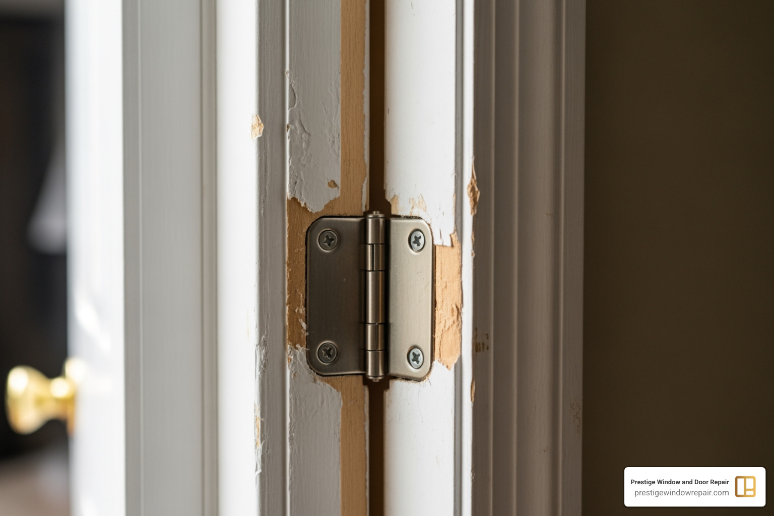 misaligned door frame showing uneven gaps at the top and side, causing the hinges to bind and squeak - fix squeaky door hinge