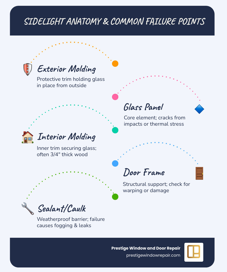 Infographic showing sidelight anatomy with labeled components: exterior molding, glass panel, interior molding, door frame, and sealant/caulk, plus common failure points like broken seals, cracked glass, and damaged molding - Sidelight glass repair infographic infographic-line-5-steps-blues-accent_colors