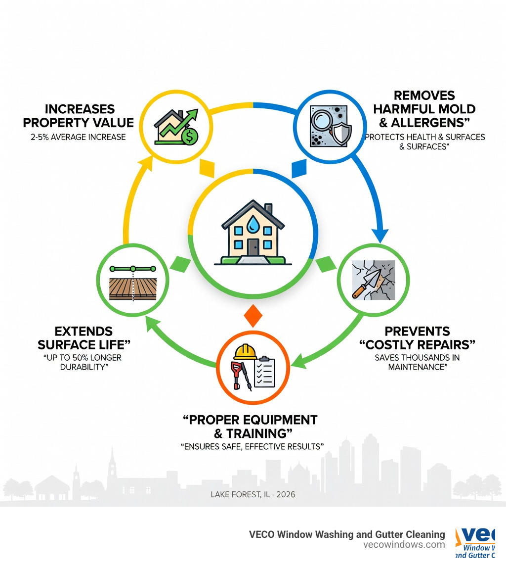 infographic showing the benefits of professional pressure washing: increases property value by 2-5%, removes harmful mold and allergens, prevents costly repairs, extends surface life, and requires proper equipment and training for safe results - lake forest pressure washing infographic infographic showing the benefits of professional pressure washing: increases property value by 2-5%, removes harmful mold and allergens, prevents costly repairs, extends surface life, and requires proper equipment and training for safe results - lake forest pressure washing infographic