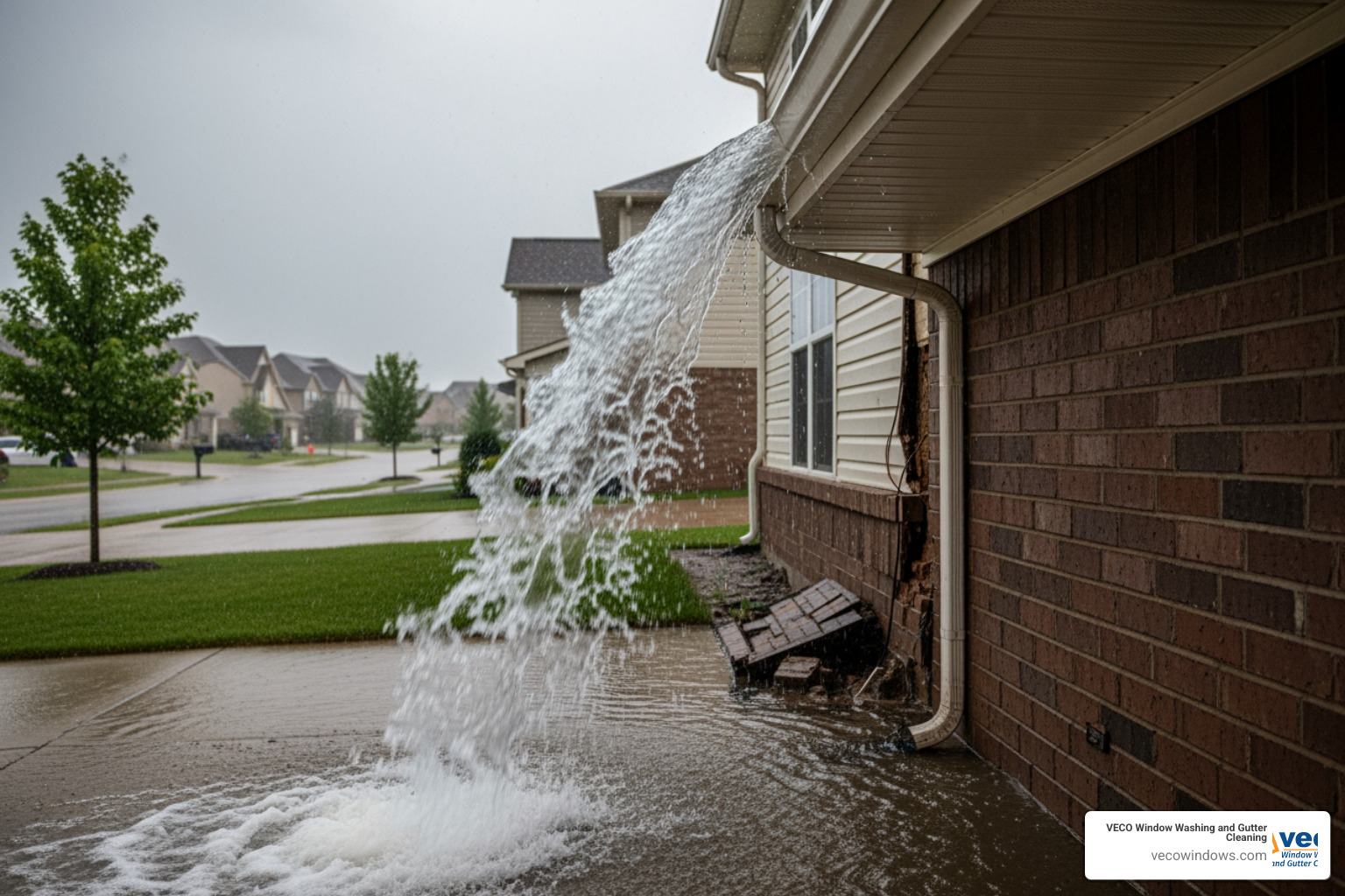 Water overflowing from a clogged gutter during a rainstorm, causing heavy runoff to fall directly against the home's foundation and siding - gutter cleaning buffalo grove