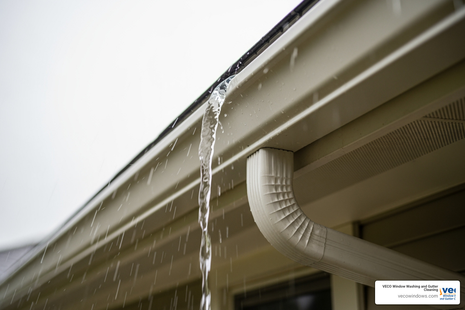 Debris-free gutters and clear downspouts showing perfect water flow - full service gutter cleaning Debris-free gutters and clear downspouts showing perfect water flow - full service gutter cleaning