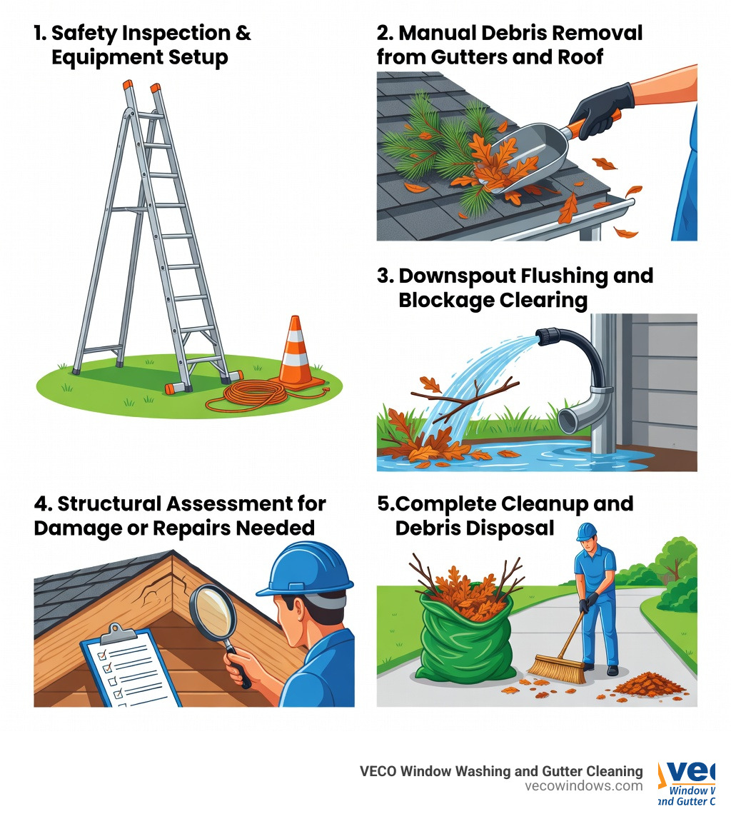 Infographic showing the gutter cleaning process: 1) Safety inspection and equipment setup with ladders and stabilizers, 2) Manual debris removal from gutters and roof, 3) Downspout flushing and blockage clearing, 4) Structural assessment for damage or repairs needed, 5) Complete cleanup and debris disposal - gutter cleaning in bannockburn infographic Infographic showing the gutter cleaning process: 1) Safety inspection and equipment setup with ladders and stabilizers, 2) Manual debris removal from gutters and roof, 3) Downspout flushing and blockage clearing, 4) Structural assessment for damage or repairs needed, 5) Complete cleanup and debris disposal - gutter cleaning in bannockburn infographic