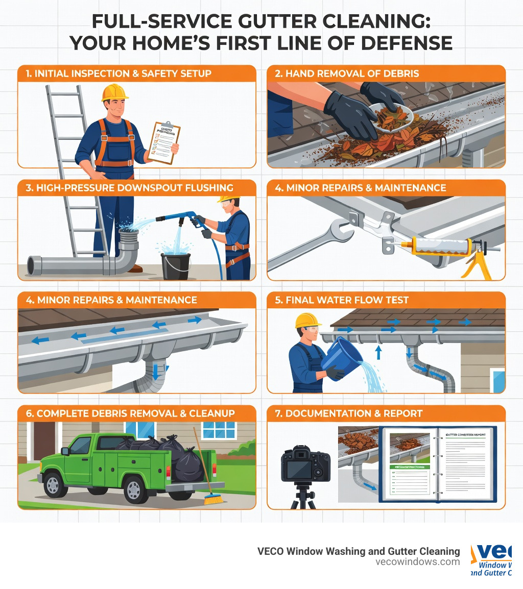 Infographic showing the complete full service gutter cleaning process: initial inspection and safety setup, hand removal of all debris from gutters and channels, high-pressure downspout flushing with disassembly if needed, minor repairs including joint resealing and hanger tightening, final water flow test, complete debris removal and property cleanup, before-and-after photo documentation, and condition report with maintenance recommendations - full service gutter cleaning infographic Infographic showing the complete full service gutter cleaning process: initial inspection and safety setup, hand removal of all debris from gutters and channels, high-pressure downspout flushing with disassembly if needed, minor repairs including joint resealing and hanger tightening, final water flow test, complete debris removal and property cleanup, before-and-after photo documentation, and condition report with maintenance recommendations - full service gutter cleaning infographic