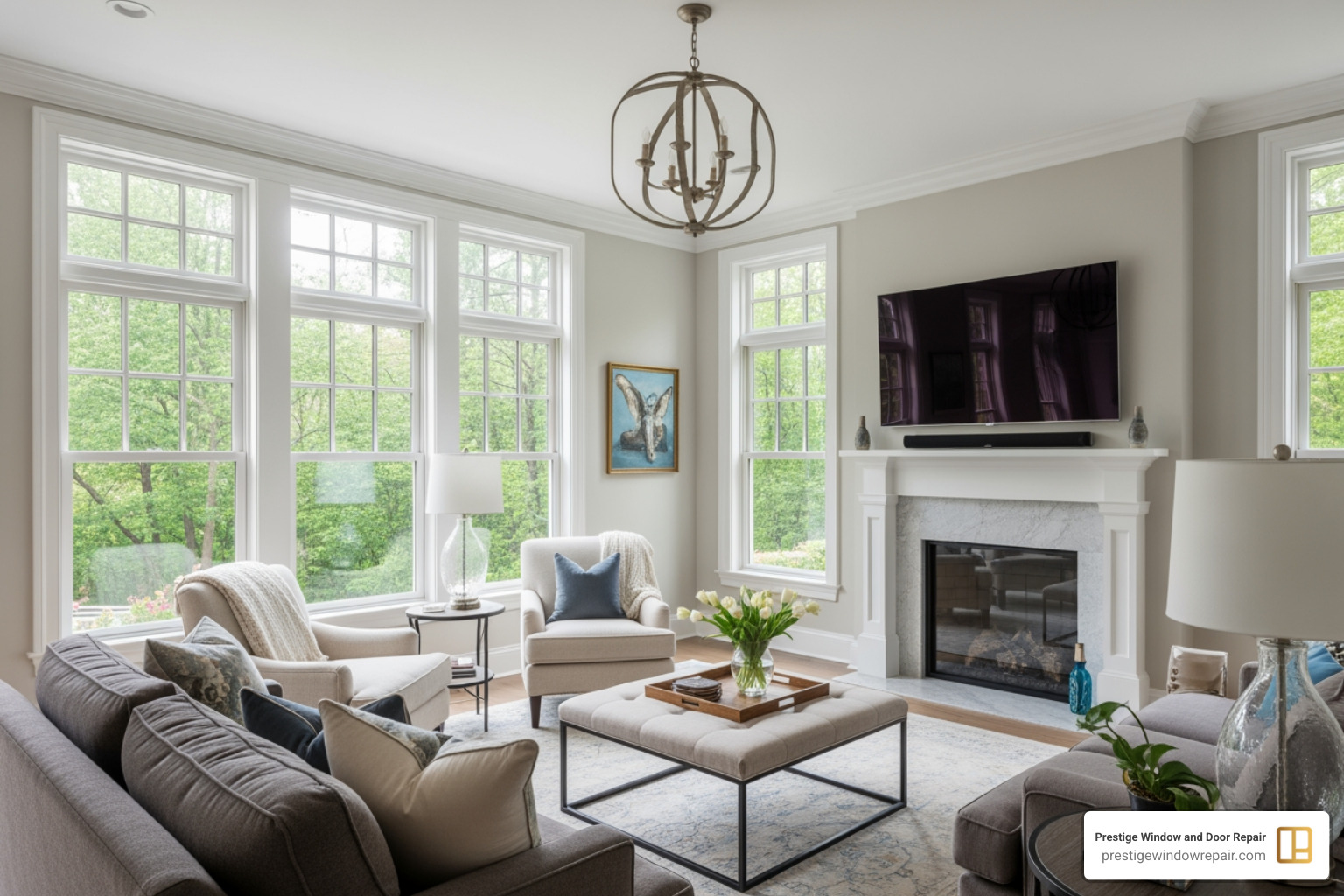 Bright living room with new casement windows and natural light - replacement windows greenwich ct