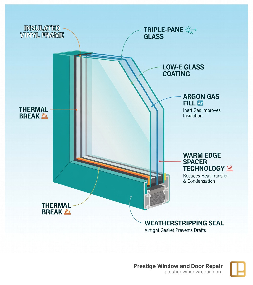 Infographic showing the anatomy of an energy-efficient replacement window with labeled components including Low-E glass coating, argon gas fill between panes, insulated frame with thermal break, weatherstripping seal, multiple glazing layers, and warm edge spacer technology that reduces heat transfer and prevents condensation - replacement windows greenwich ct infographic 