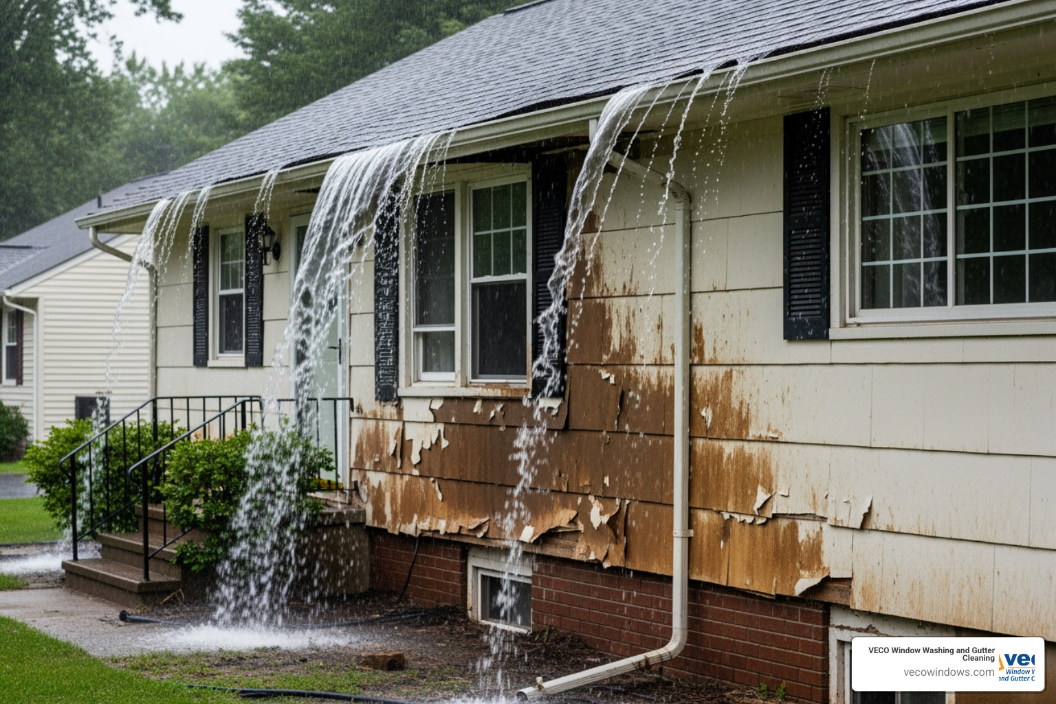 water damage caused by clogged gutters - seasonal gutter cleaning