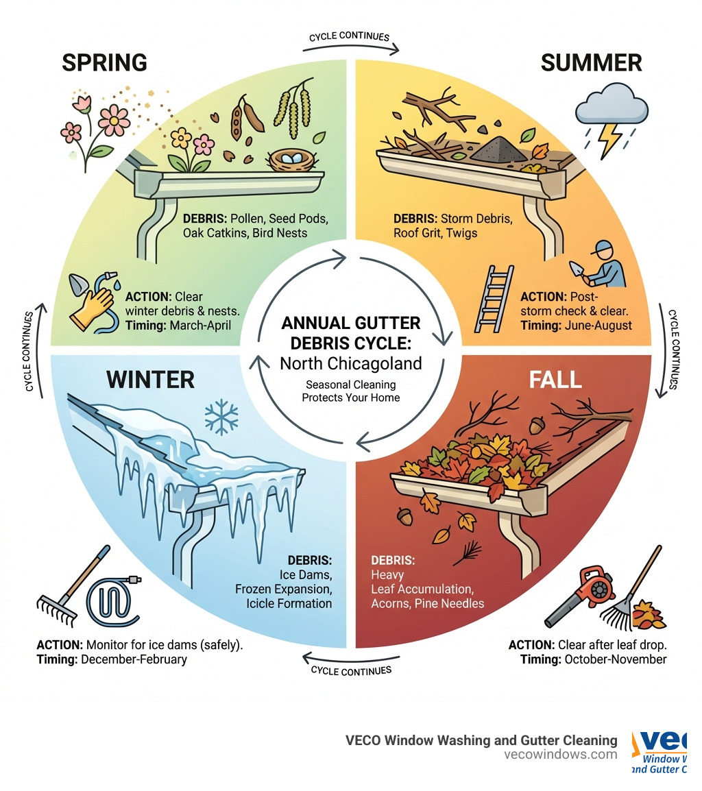 Infographic showing annual gutter debris cycle with four seasons: Spring debris includes pollen, seed pods, oak catkins, and bird nests; Summer shows storm debris, roof grit, and twigs; Fall displays heavy leaf accumulation, acorns, and pine needles; Winter illustrates ice dams, frozen expansion, and icicle formation. Each season includes recommended cleaning actions and timing for North Chicagoland climate. - seasonal gutter cleaning infographic 