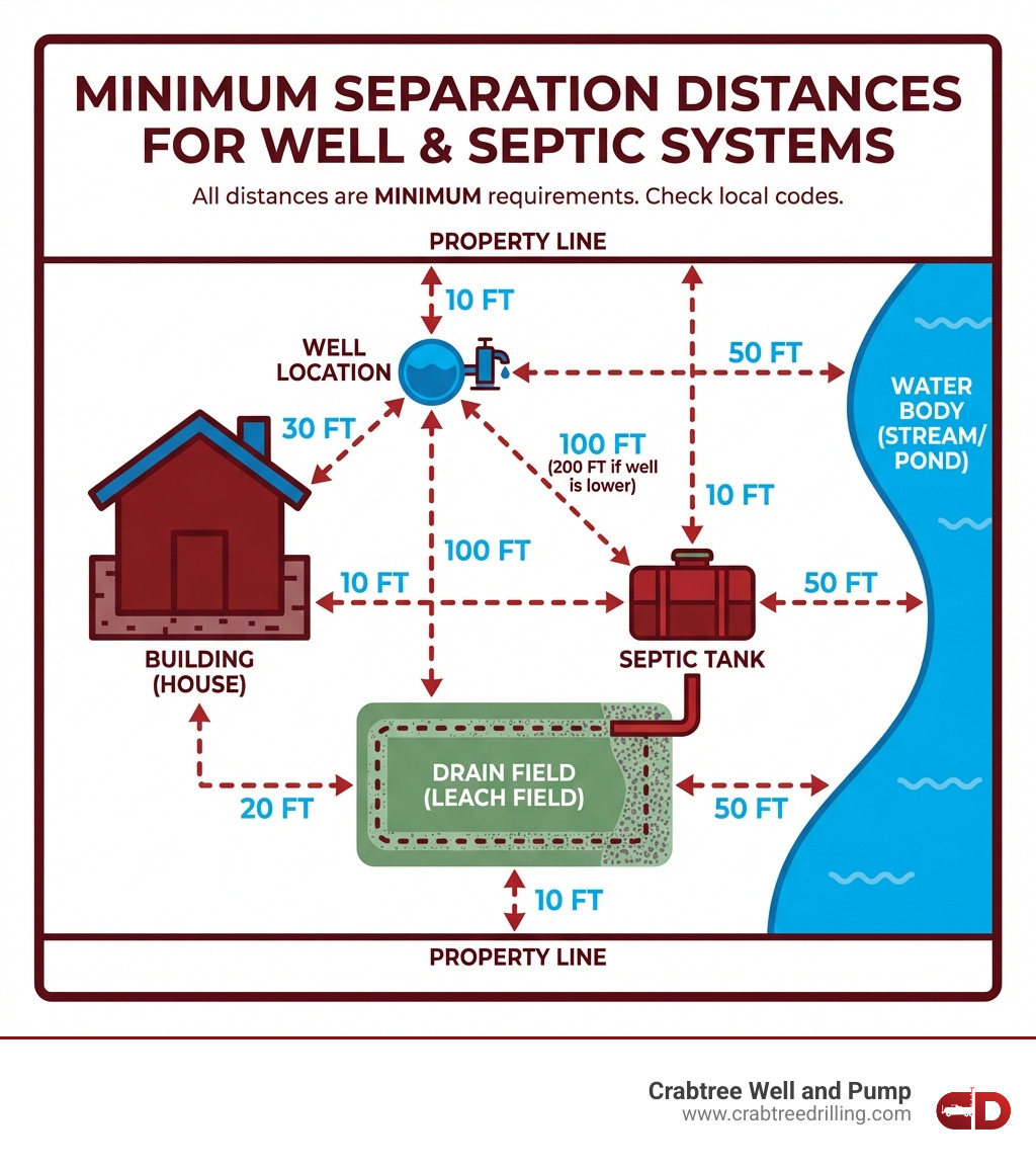 detailed infographic showing minimum separation distances between well location, septic tank, drain field, property lines, water bodies, and buildings with specific footage requirements for each - septic and well installation infographic 