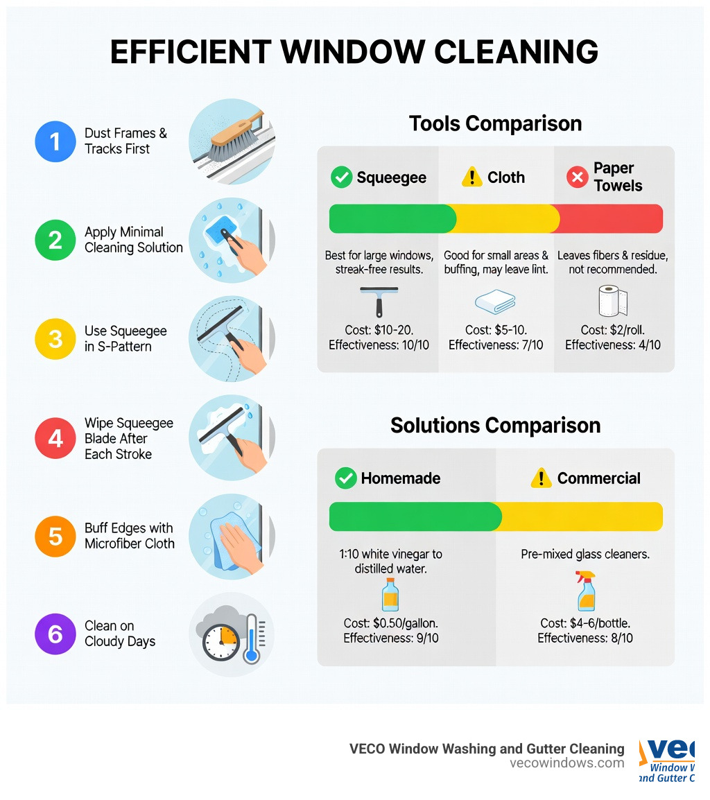 infographic showing the step-by-step efficient window cleaning process: 1) Dust frames and tracks first, 2) Apply minimal cleaning solution with scrubber, 3) Use squeegee in S-pattern from top to bottom with 2-inch overlaps, 4) Wipe squeegee blade after each stroke, 5) Buff edges with microfiber cloth, 6) Clean on cloudy days to prevent quick drying; includes comparison of tools (squeegee vs cloth vs paper towels) and homemade vs commercial solutions with cost and effectiveness ratings - efficient window cleaning infographic infographic showing the step-by-step efficient window cleaning process: 1) Dust frames and tracks first, 2) Apply minimal cleaning solution with scrubber, 3) Use squeegee in S-pattern from top to bottom with 2-inch overlaps, 4) Wipe squeegee blade after each stroke, 5) Buff edges with microfiber cloth, 6) Clean on cloudy days to prevent quick drying; includes comparison of tools (squeegee vs cloth vs paper towels) and homemade vs commercial solutions with cost and effectiveness ratings - efficient window cleaning infographic