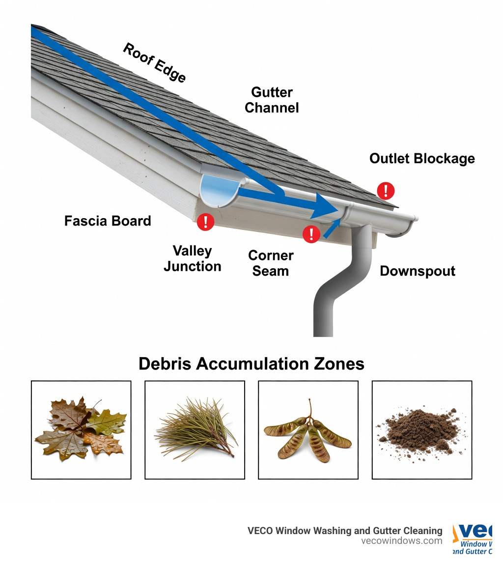Detailed infographic showing gutter system anatomy including roof edge, fascia board, gutter channel, downspout, and common clog points like valleys, corners, and outlet areas, with indicators for debris accumulation zones and proper water flow direction - gutter cleaning buffalo grove infographic 