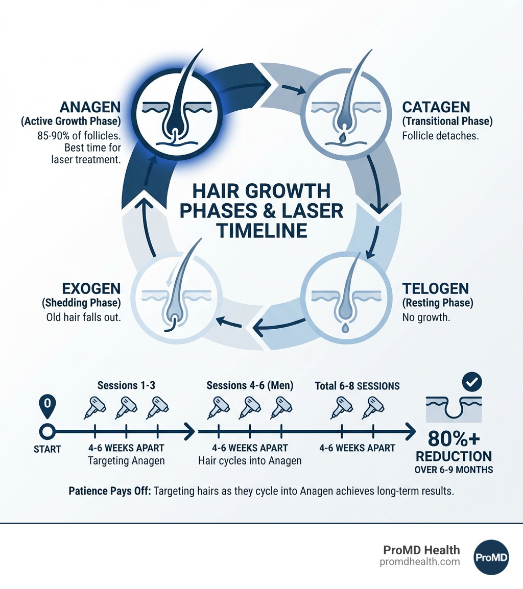 Infographic showing the four hair growth phases in laser hair removal: Anagen (active growth phase, 85-90% of follicles, best time for laser treatment), Catagen (transitional phase, follicle detaches), Telogen (resting phase, no growth), and Exogen (shedding phase, old hair falls out). Timeline shows sessions spaced 4-6 weeks apart to target hairs as they cycle into Anagen phase, with 6-8 total sessions needed for 80%+ reduction over 6-9 months. - laser hair removal for men results timeline infographic Infographic showing the four hair growth phases in laser hair removal: Anagen (active growth phase, 85-90% of follicles, best time for laser treatment), Catagen (transitional phase, follicle detaches), Telogen (resting phase, no growth), and Exogen (shedding phase, old hair falls out). Timeline shows sessions spaced 4-6 weeks apart to target hairs as they cycle into Anagen phase, with 6-8 total sessions needed for 80%+ reduction over 6-9 months. - laser hair removal for men results timeline infographic