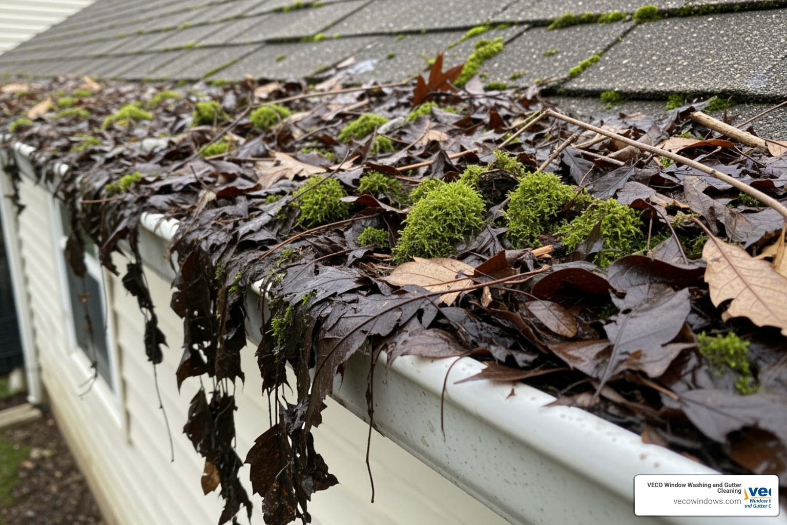 leaves and twigs building up in a rain gutter - efficient gutter cleaning leaves and twigs building up in a rain gutter - efficient gutter cleaning