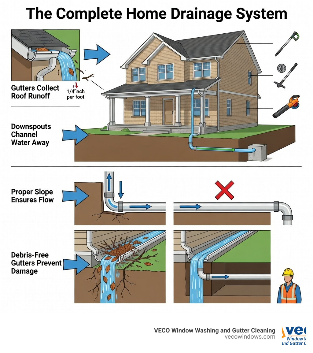 Infographic showing the complete home drainage system: gutters collect roof runoff, downspouts channel water away from foundation, proper slope ensures flow, debris-free gutters prevent overflow and water damage to walls, roof, and basement - efficient gutter cleaning infographic Infographic showing the complete home drainage system: gutters collect roof runoff, downspouts channel water away from foundation, proper slope ensures flow, debris-free gutters prevent overflow and water damage to walls, roof, and basement - efficient gutter cleaning infographic