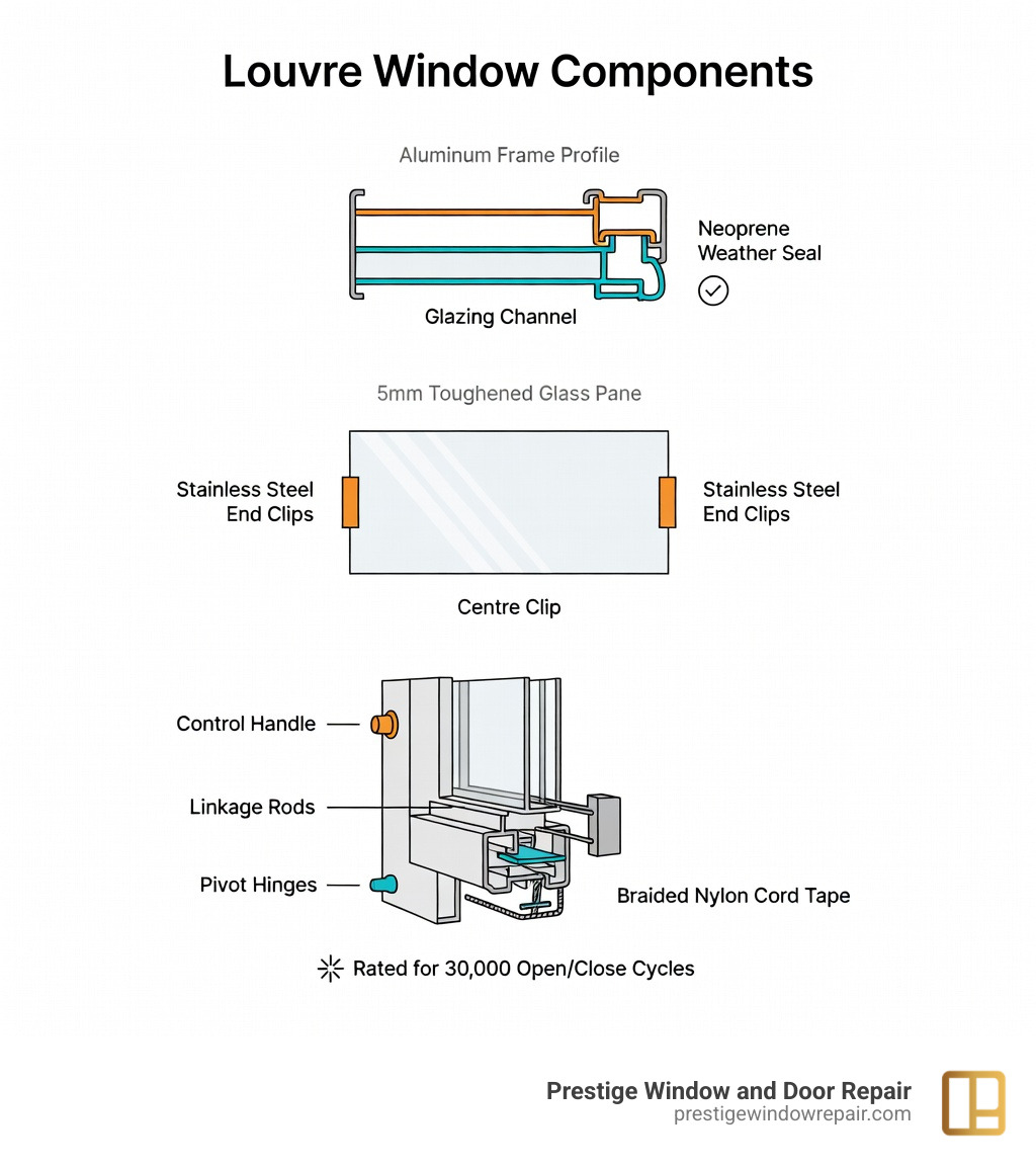 Infographic showing louvre window components... - louvre window glass replacement infographic 