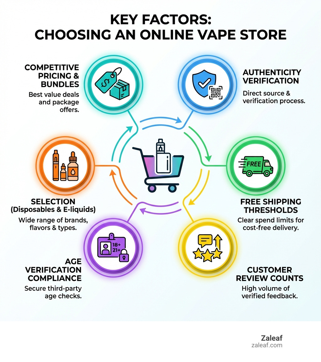 Infographic showing key factors when choosing an online vape store: product authenticity verification, free shipping thresholds, customer review counts, age verification compliance, selection of disposables and e-liquids, and competitive pricing with bundle deals - online vape store infographic Infographic showing key factors when choosing an online vape store: product authenticity verification, free shipping thresholds, customer review counts, age verification compliance, selection of disposables and e-liquids, and competitive pricing with bundle deals - online vape store infographic