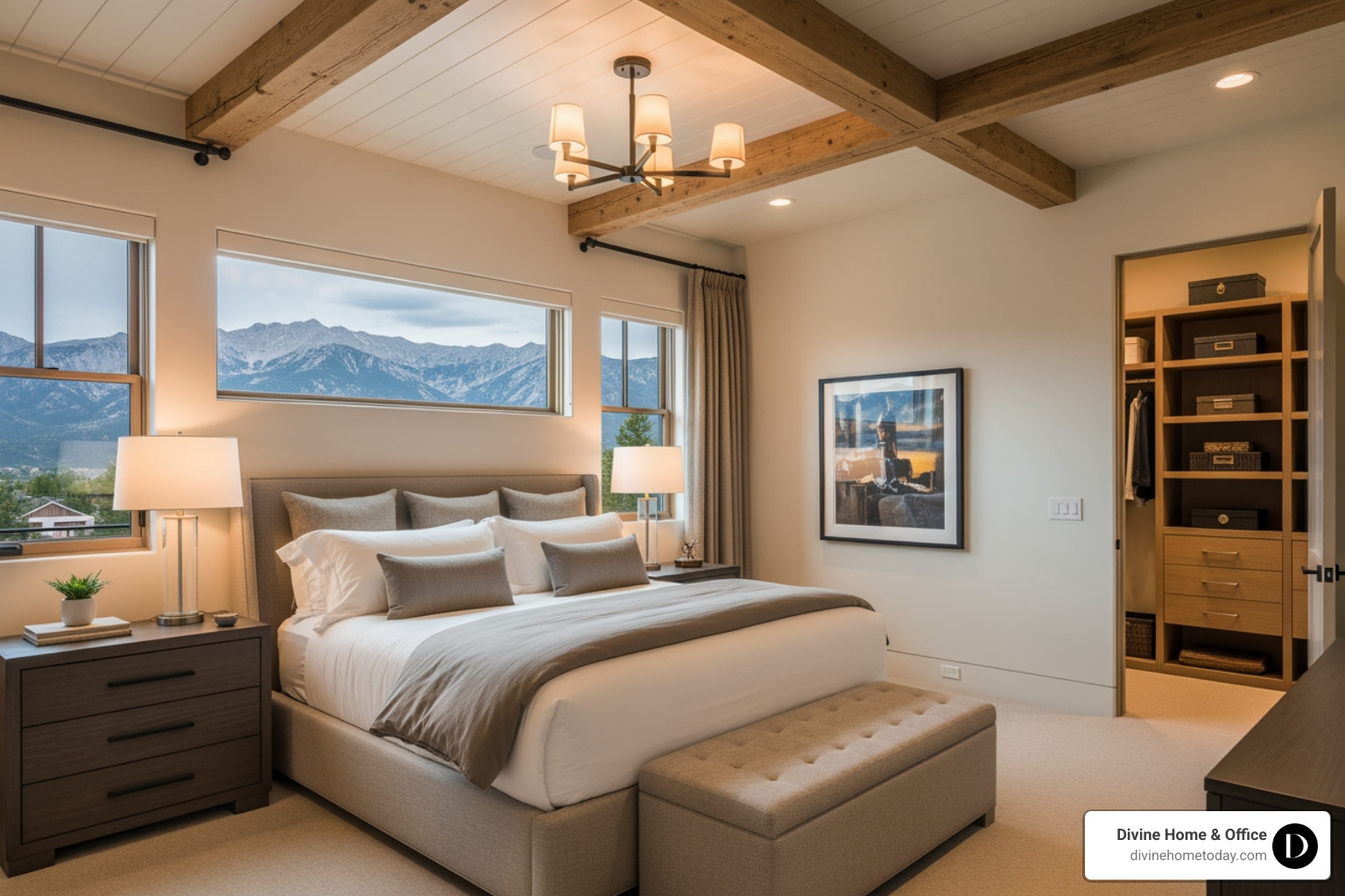 luxury rustic-modern Colorado bedroom with natural wood beams and soft lighting, featuring a glimpse into a perfectly organized small walk-in closet with warm wood shelves - small closet transformation luxury rustic-modern Colorado bedroom with natural wood beams and soft lighting, featuring a glimpse into a perfectly organized small walk-in closet with warm wood shelves - small closet transformation